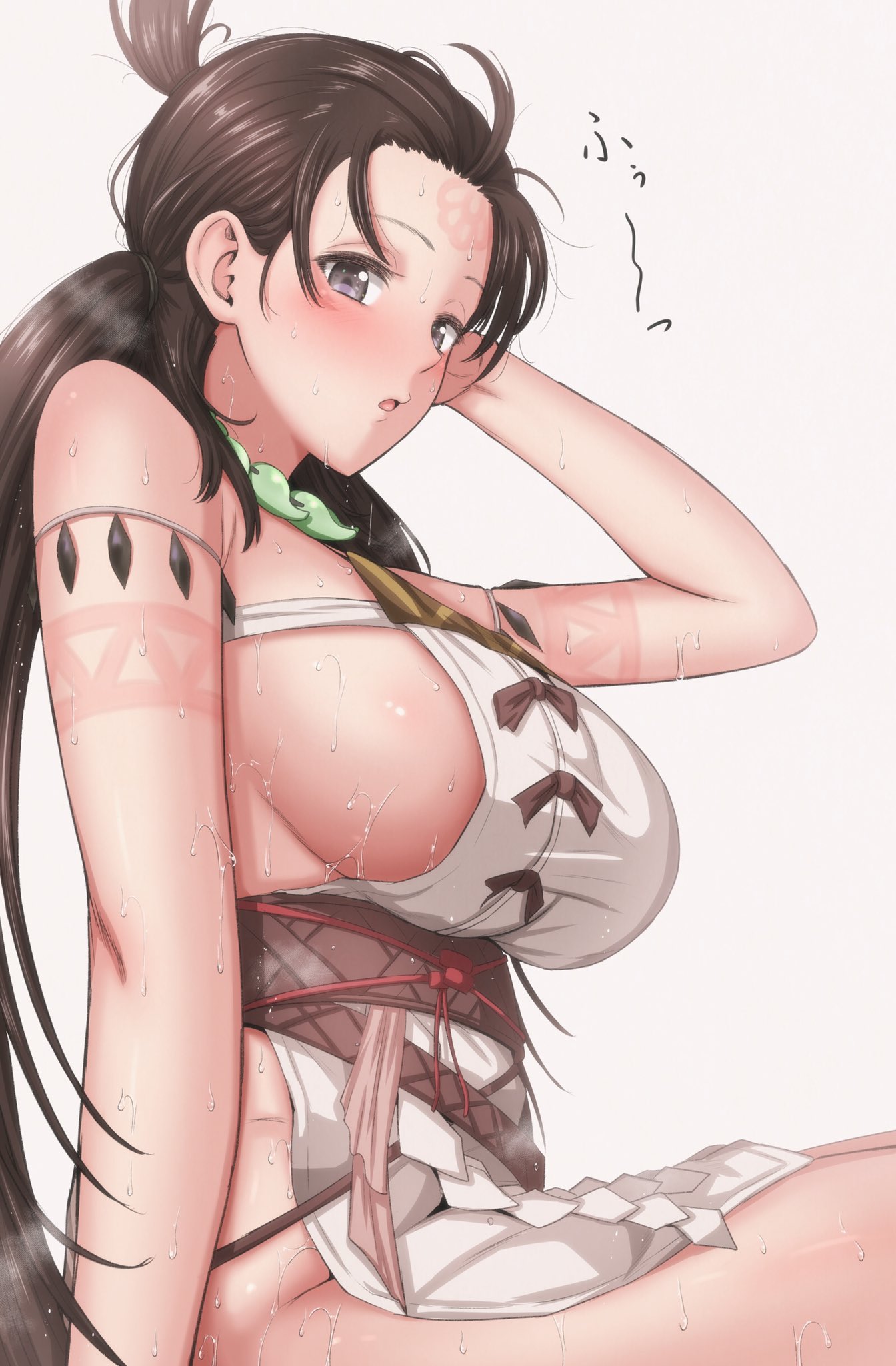 1girl arm_support armlet bead_necklace beads blush body_markings breasts brown_hair commentary_request facial_mark fate/grand_order fate_(series) forehead forehead_mark grey_eyes highres himiko_(fate) jewelry large_breasts long_hair low_tied_hair magatama magatama_necklace mamerakkkkko necklace no_bra pelvic_curtain sideboob sitting sweat thighs topknot white_background