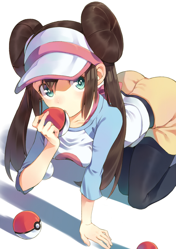 1girl all_fours bangs black_legwear blush bow breasts brown_hair collarbone commentary_request double_bun green_eyes holding holding_poke_ball legwear_under_shorts long_hair looking_at_viewer pantyhose pink_bow poke_ball poke_ball_(basic) pokemon pokemon_(game) pokemon_bw2 raglan_sleeves rosa_(pokemon) shirt shorts solo t-okada twintails visor_cap yellow_shorts