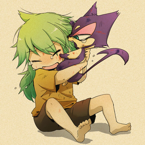 1boy bangs barefoot blood blood_on_face brown_shorts closed_eyes commentary_request eyebrows_visible_through_hair gen_5_pokemon green_hair holding holding_pokemon long_hair lowres n_(pokemon) pokemon pokemon_(creature) pokemon_(game) pokemon_bw purrloin scratches shirt short_sleeves shorts sitting soles tearing_up toes toko younger