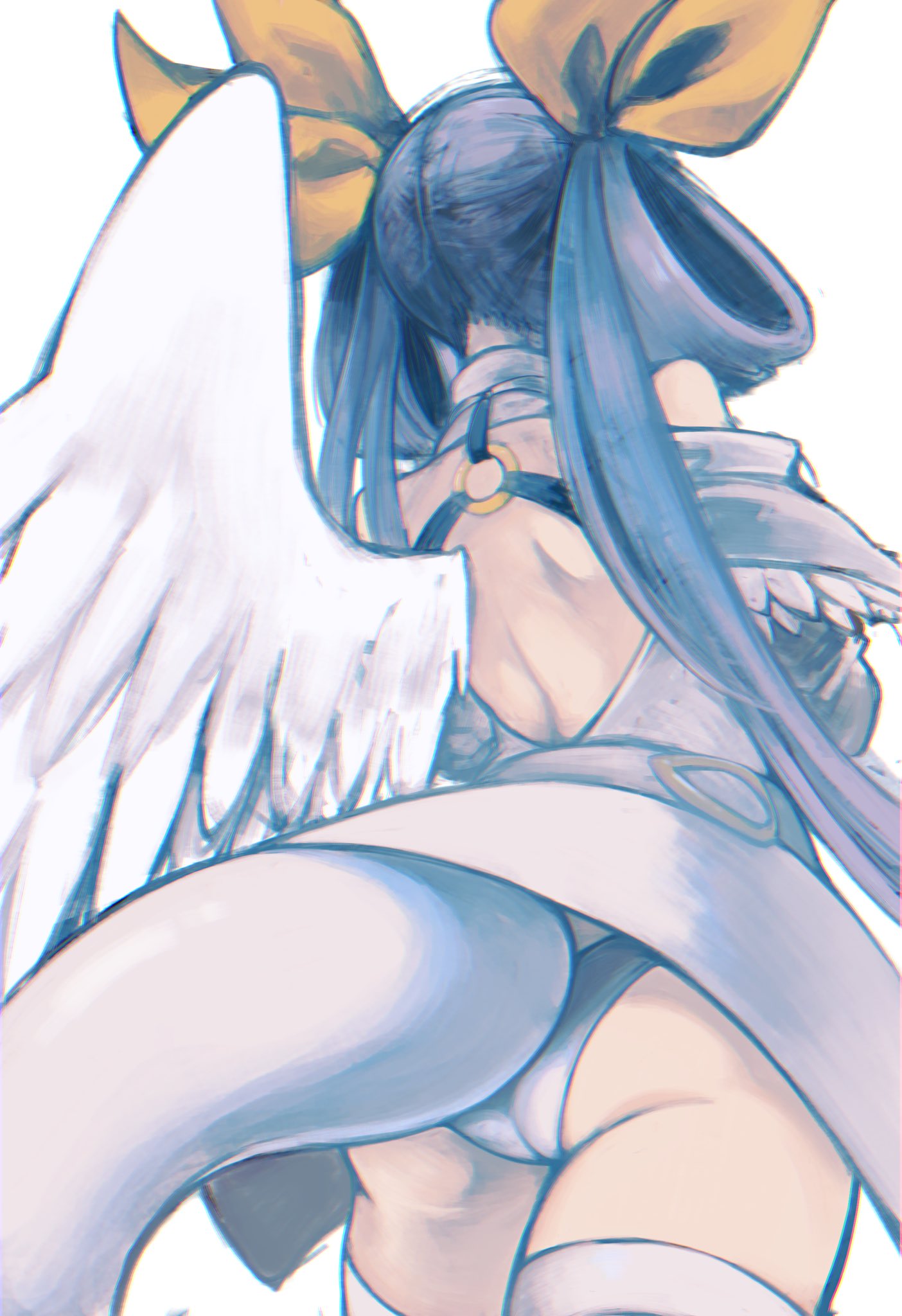 1girl alternate_costume angel_wings ass back bare_shoulders belt choker dizzy_(guilty_gear) facing_away guilty_gear guilty_gear_xrd hair_ribbon hair_rings highres looking_away monster_girl o-ring o-ring_top oeillet_vie panties ribbon simple_background single_wing solo tail thick_thighs thigh-highs thighs twintails underwear white_background white_panties white_wings wings yellow_ribbon