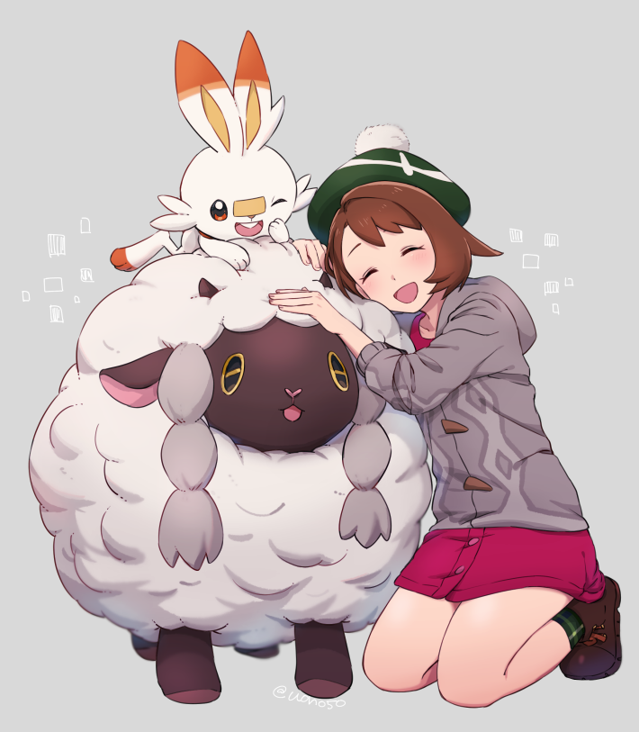 1girl :d blush bob_cut boots brown_footwear brown_hair buttons cardigan closed_eyes dress gen_8_pokemon gloria_(pokemon) green_headwear green_legwear grey_background grey_cardigan hat hooded_cardigan iruzu_(pixiv27236115) kneeling open_mouth pink_dress plaid plaid_legwear pokemon pokemon_(creature) pokemon_(game) pokemon_swsh scorbunny short_hair smile socks starter_pokemon symbol_commentary tam_o'_shanter wooloo