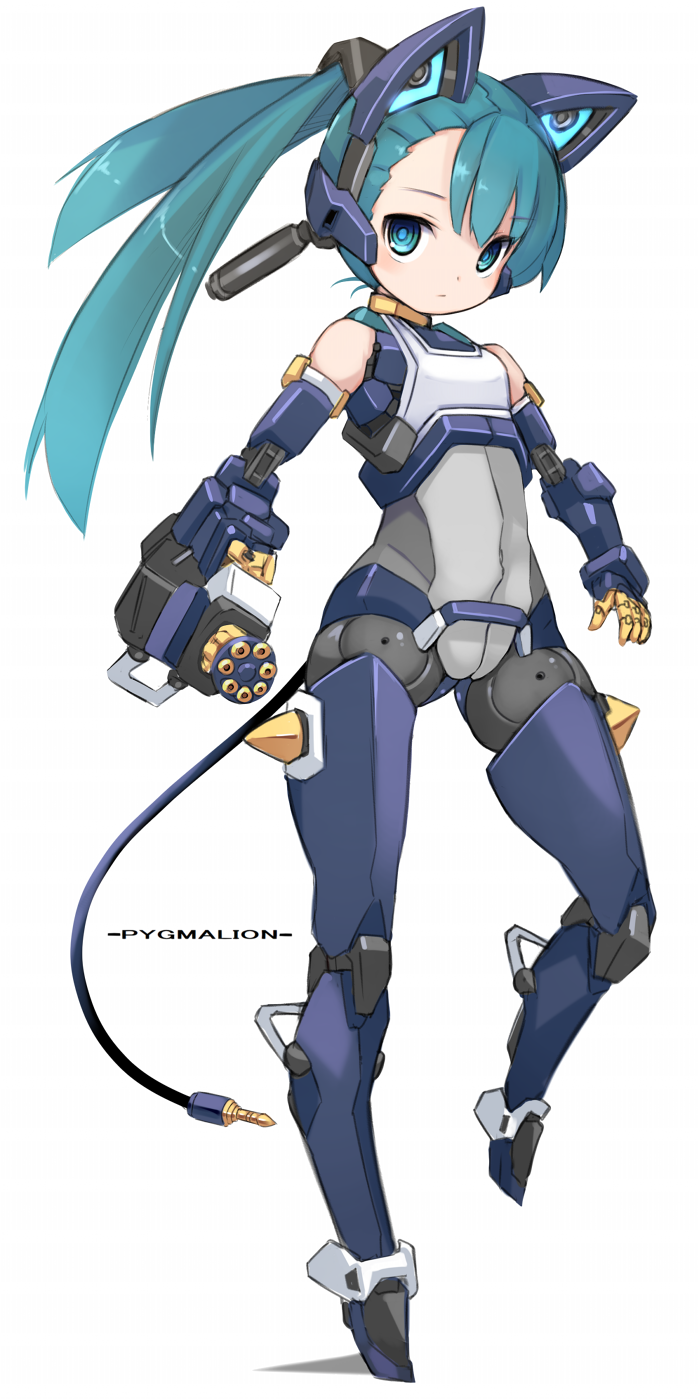 1girl android aqua_eyes aqua_hair breasts cable character_name commentary_request full_body gatling_gun highres joints karukan_(monjya) long_hair mechanical_ears ponytail pygmalion robot_joints shinrabanshou small_breasts solo white_background