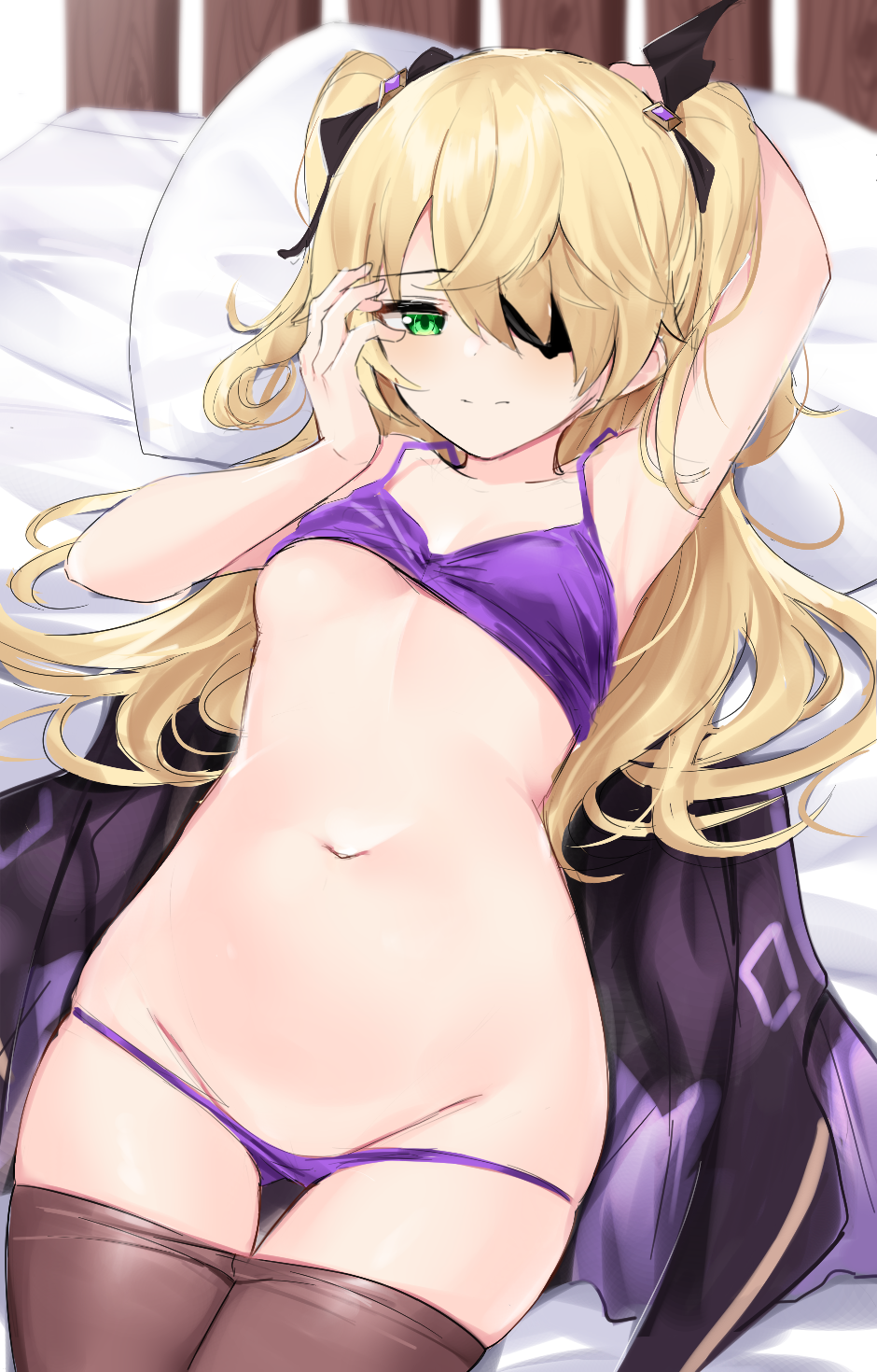 1girl arm_up bed bed_sheet black_legwear blonde_hair bra breasts eyepatch fischl_(genshin_impact) genshin_impact green_eyes groin hair_ribbon half-closed_eye highres looking_at_viewer lying navel on_back on_bed panties pantyhose pantyhose_pull pillow purple_bra purple_panties ribbon shengtian small_breasts solo thigh-highs twintails under_boob underwear