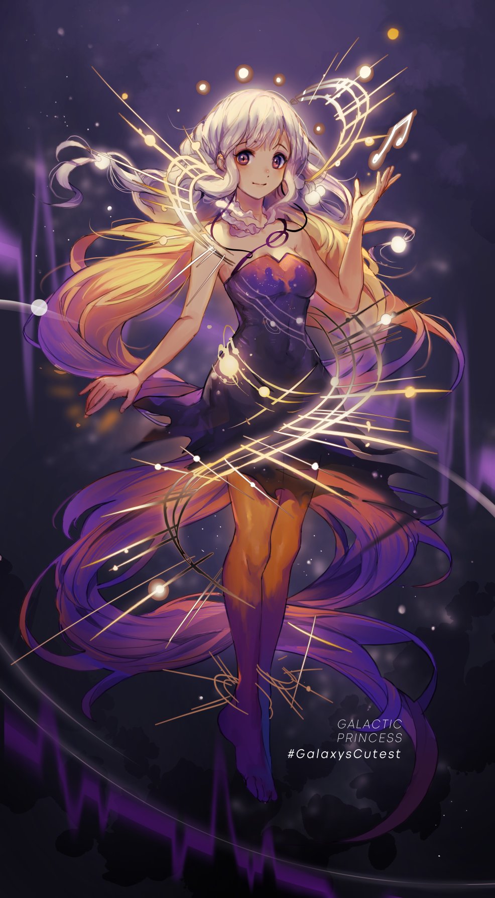 1girl bangs bare_shoulders barefoot braid breasts brown_eyes closed_mouth dress floating formal highres levitation light_rays long_hair looking_at_viewer musical_note orange_legwear original purple_dress sky small_breasts smile star_(sky) starry_background starry_sky velahka white_hair