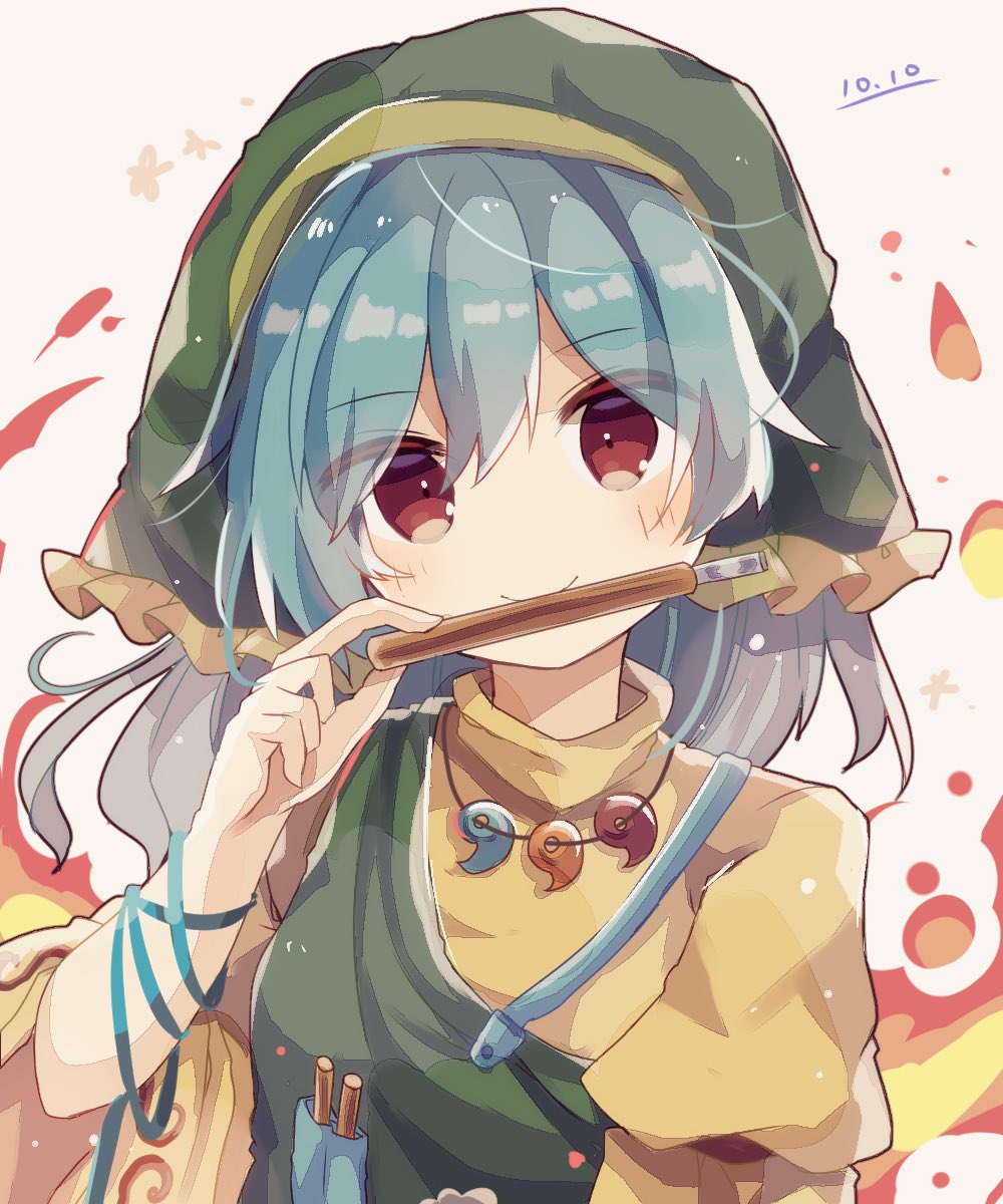 1girl apron aqua_ribbon arm_ribbon bangs blue_hair blush breasts brown_eyes chisel closed_mouth commentary_request dated eyebrows_visible_through_hair eyes_visible_through_hair green_apron green_headwear haniyasushin_keiki head_scarf highres holding juliet_sleeves long_hair long_sleeves looking_at_viewer magatama_necklace medium_breasts mina_(sio0616) puffy_sleeves ribbon shirt simple_background single_strap smile smock solo touhou turtleneck upper_body white_background yellow_shirt