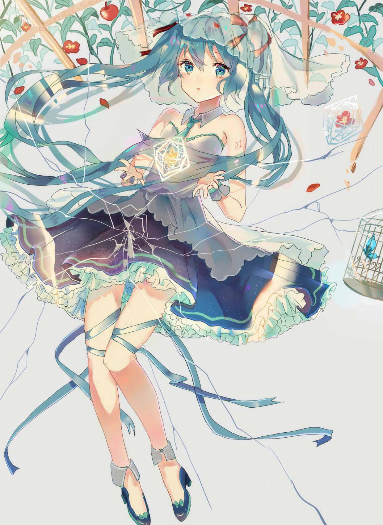 1girl aplle aqua_eyes aqua_hair bare_legs bare_shoulders blush broken_glass bug butterfly cage detached_collar floating_hair flower food frilled_skirt frills fruit full_body glass grey_background hair_between_eyes hair_ornament hair_ribbon hatsune_miku high_heels highres insect long_hair looking_at_viewer mada_(shizhou) midair necktie number petals plant ribbon shoes skirt twintails veil vocaloid