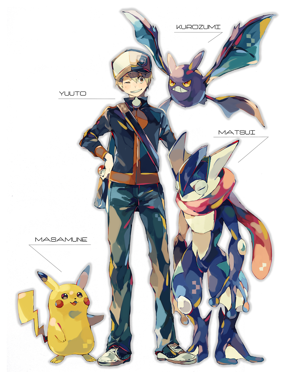 1boy bag baseball_cap blonde_hair calem_(pokemon) commentary_request crobat gen_1_pokemon gen_2_pokemon gen_6_pokemon greninja hat highres holding holding_poke_ball jacket long_sleeves one_eye_closed pants parted_lips pikachu poke_ball poke_ball_(basic) pokemon pokemon_(creature) pokemon_(game) pokemon_xy shoes shoulder_bag smile standing white_background yuuichi_(bobobo)