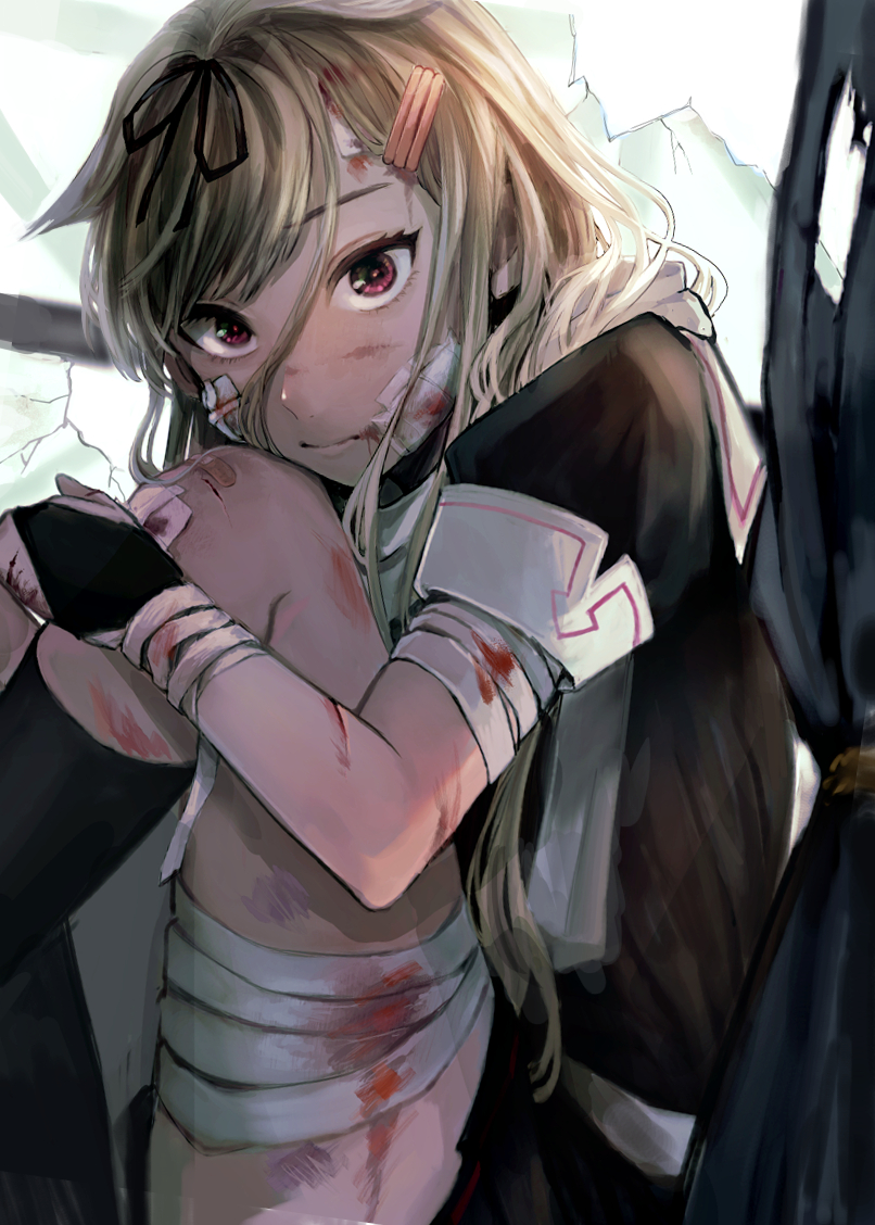 1girl bandage_on_face bandaged_arm bandaged_leg bandages black_ribbon black_serafuku blonde_hair blood broken_glass bruise cuts glass hagioshi hair_flaps hair_ornament hair_ribbon hairclip injury kantai_collection long_hair messy_hair neckerchief red_eyes remodel_(kantai_collection) ribbon scarf school_uniform serafuku straight_hair very_long_hair white_scarf yuudachi_(kantai_collection)