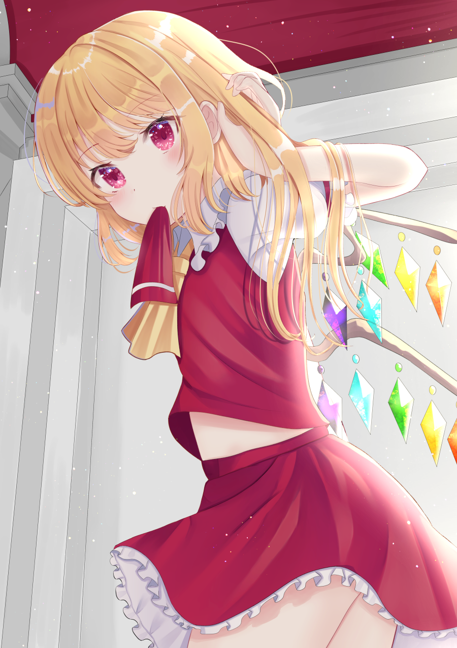 1girl arm_up bangs ceiling commentary cowboy_shot cravat eyebrows_visible_through_hair flandre_scarlet hair_undone hand_in_hair head_tilt highres holding holding_hair indoors light_blush light_particles looking_at_viewer midriff_peek mouth_hold nibosi no_headwear petticoat puffy_short_sleeves puffy_sleeves red_eyes red_skirt red_vest ribbon ribbon_in_mouth shiny shiny_hair shirt short_hair_with_long_locks short_sleeves skirt solo standing touhou vest white_shirt wings yellow_neckwear