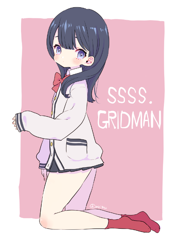 1girl black_hair blazer blue_eyes commentary_request copyright_request full_body jacket kneeling long_hair long_sleeves looking_at_viewer maitou no_shoes pink_background red_legwear sleeves_past_wrists socks solo ssss.gridman takarada_rikka twitter_username two-tone_background white_background