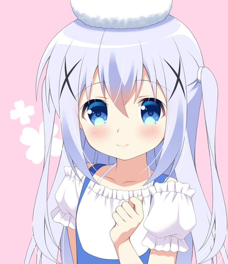 1girl angora_rabbit animal_on_head bangs bare_shoulders blue_eyes blue_hair blush closed_mouth collarbone commentary_request eyebrows_visible_through_hair gaou gochuumon_wa_usagi_desu_ka? hair_between_eyes hair_ornament hand_up kafuu_chino long_hair looking_at_viewer off-shoulder_shirt off_shoulder on_head pink_background puffy_short_sleeves puffy_sleeves rabbit shirt short_sleeves smile tippy_(gochiusa) two_side_up upper_body white_shirt x_hair_ornament