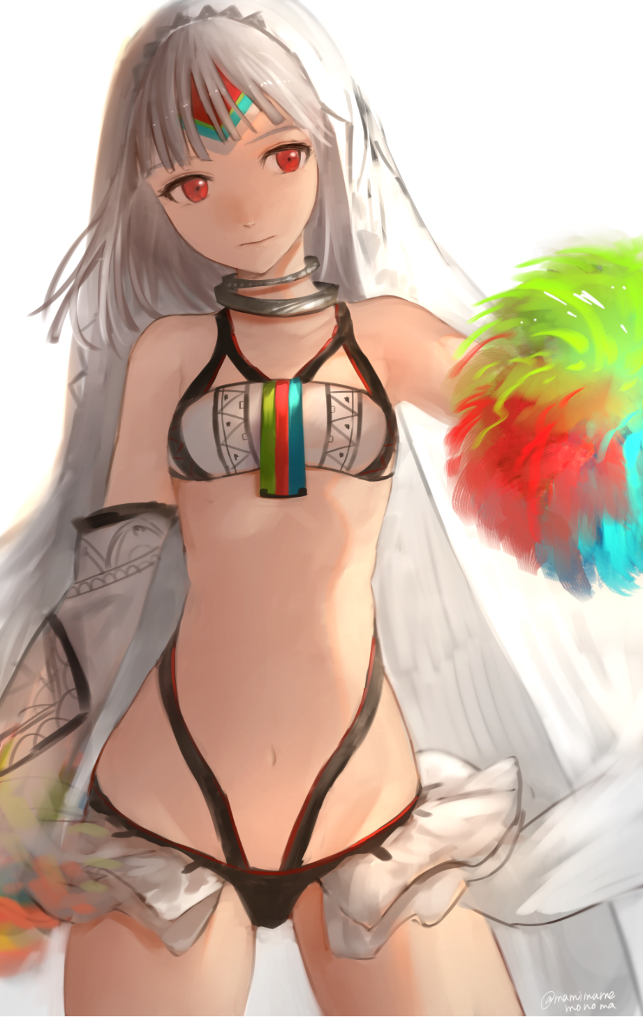 1girl altera_(fate) bikini black_bikini breasts closed_mouth collar cowboy_shot detached_sleeves fate/extella fate/extra fate_(series) head_tilt headband highres hoojiro long_sleeves looking_at_viewer navel red_eyes short_hair simple_background small_breasts solo standing swimsuit twitter_username veil white_background white_hair