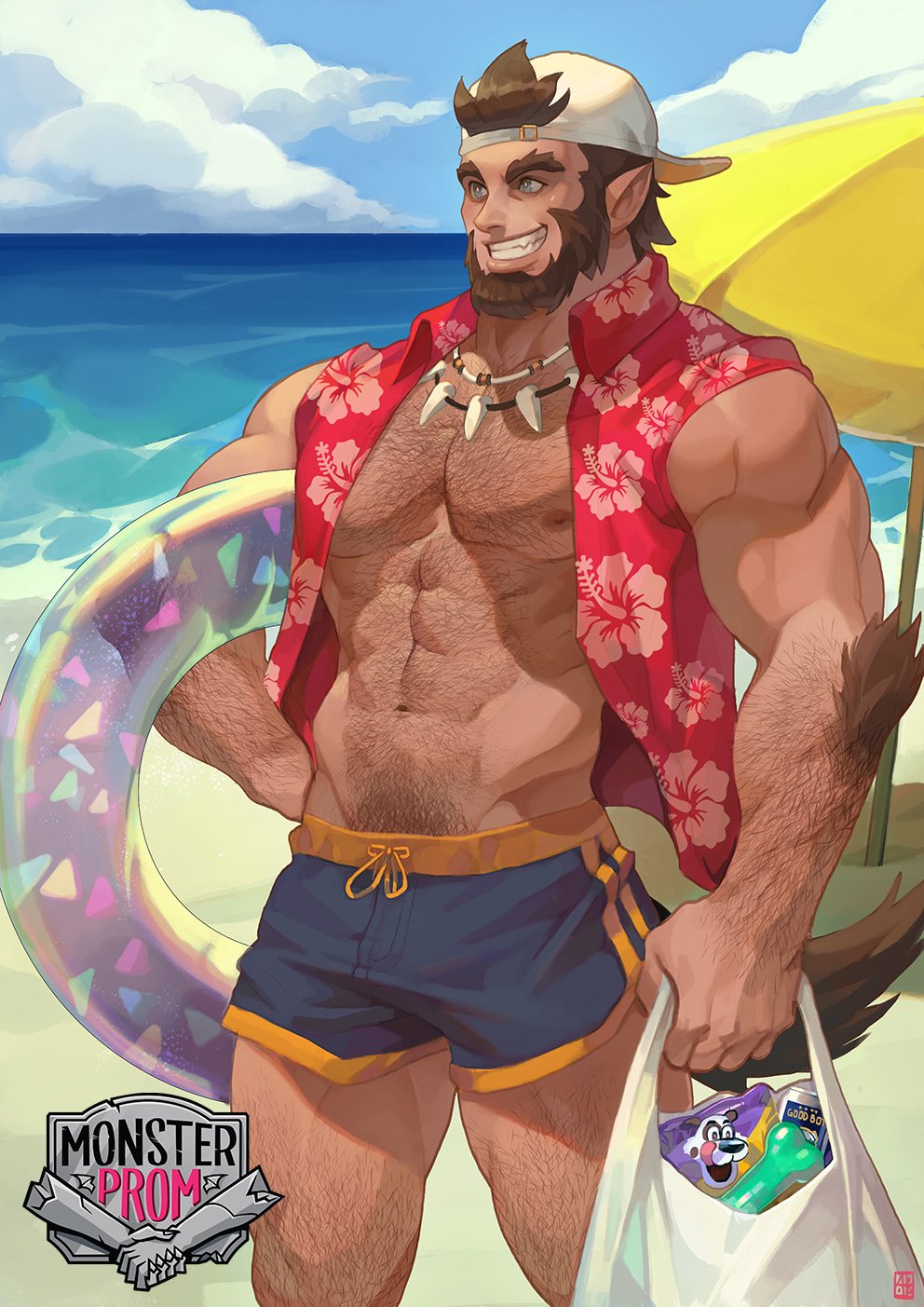 1boy abs alejandro_tio alternate_costume animal_ears backwards_hat bag bara bare_chest beach beard blue_eyes brown_hair bulge chest chest_hair copyright_name cowboy_shot dark_skin dark_skinned_male dolphin_shorts facial_hair grin hairy hat highres innertube male_focus male_swimwear monster_boy monster_prom muscle navel navel_hair nipples scott_howl shopping_bag short_hair shorts sleeves_rolled_up smile solo swim_briefs swimwear tail thick_thighs thighs water wolf_boy wolf_ears wolf_tail