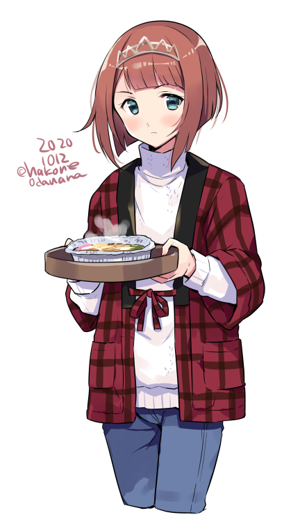 1girl ark_royal_(kantai_collection) blue_eyes blue_pants blush cropped_legs dated denim hairband happi holding japanese_clothes kantai_collection long_sleeves odawara_hakone pants redhead short_hair simple_background solo sweater tiara twitter_username white_background white_sweater