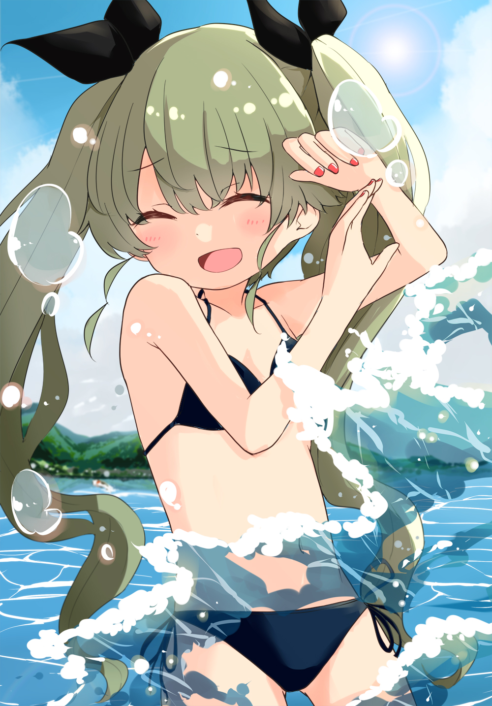 1girl anchovy_(girls_und_panzer) bangs barashiya bikini black_bikini black_ribbon blue_sky breasts closed_eyes clouds cloudy_sky commentary day drill_hair droplet eyebrows_visible_through_hair girls_und_panzer green_hair hair_ribbon highres lake lens_flare light_particles long_hair nail_polish open_mouth outdoors red_nails ribbon side-tie_bikini sky small_breasts smile solo splashing standing string_bikini sun swimsuit twin_drills twintails wading