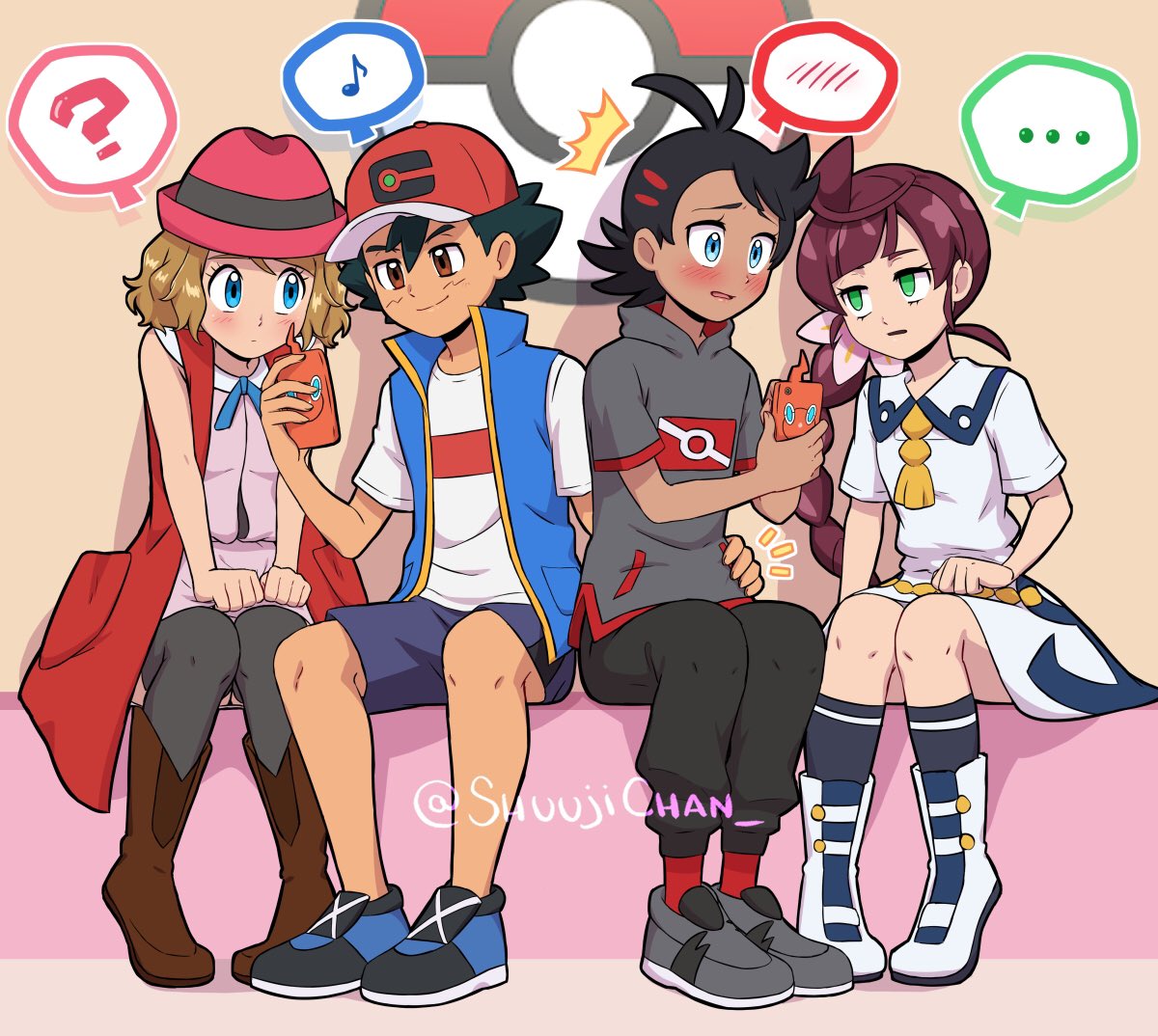 ... 2boys 2girls ? antenna_hair ash_ketchum baseball_cap black_hair black_shorts blonde_hair blue_bow blue_eyes blue_footwear blue_vest blush boots bow brown_eyes brown_footwear chloe_(pokemon) coat dark_skin dark_skinned_male gen_4_pokemon goh_(pokemon) green_eyes grey_footwear grey_shirt grin hand_on_another's_hip hat looking_at_another looking_at_phone multiple_boys multiple_girls musical_note no_pupils open_mouth phone pink_headwear pink_shirt poke_ball_symbol pokemon pokemon_(anime) pokemon_swsh_(anime) purple_hair purple_shorts red_coat rotom rotom_phone sara_bonetti school_uniform serena_(pokemon) shirt shoes shorts sitting smile sneakers speech_bubble thigh-highs twitter_username vest