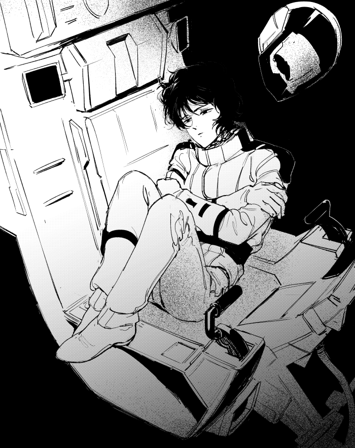 1boy chair expressionless fetal_position floating floating_object gloves gundam kamille_bidan monochrome pilot_suit sakanaokashi short_hair sitting solo spacesuit zeta_gundam