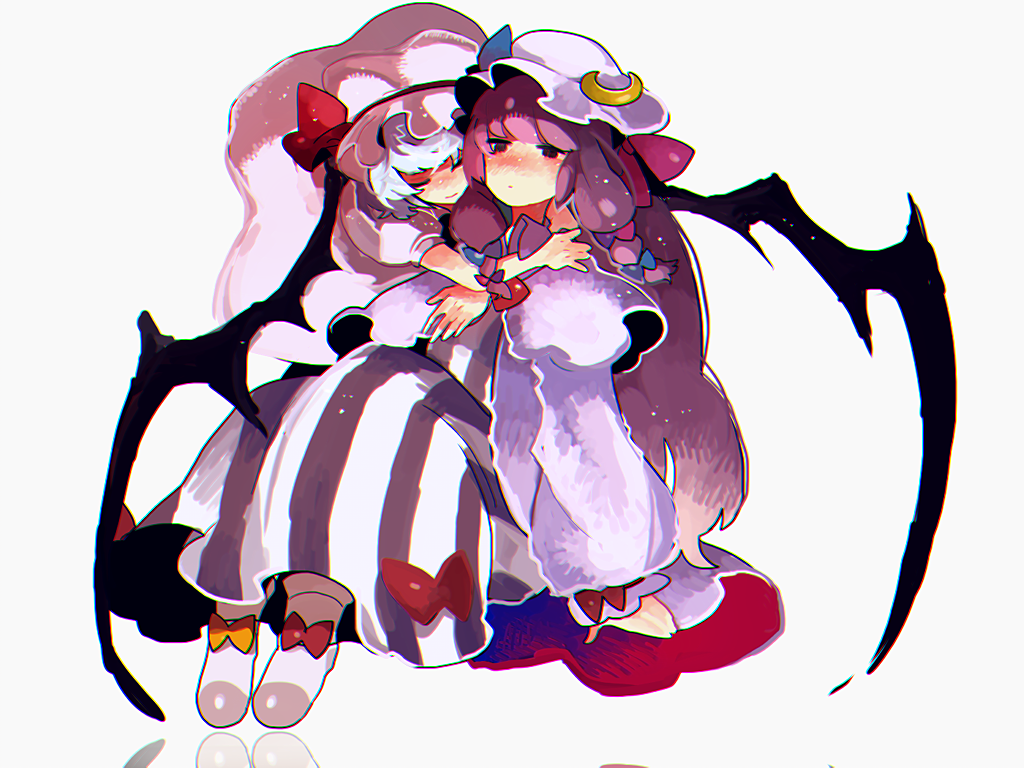 2girls bat_wings blue_bow blue_hair blue_ribbon bow closed_eyes commentary_request crescent crescent_moon_pin damenaito dress full_body grey_background hair_bow hat hat_ribbon hug hug_from_behind long_hair long_sleeves mob_cap multiple_girls patchouli_knowledge pink_dress pink_headwear purple_dress purple_hair red_bow red_ribbon remilia_scarlet ribbon short_hair short_sleeves simple_background striped striped_dress touhou wings