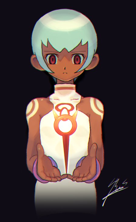 bare_shoulders bracelet breasts closed_mouth dark_skin dress geruo green_hair jewelry red_eyes rockman rockman_dash sera_(rockman_dash) short_hair simple_background small_breasts tattoo