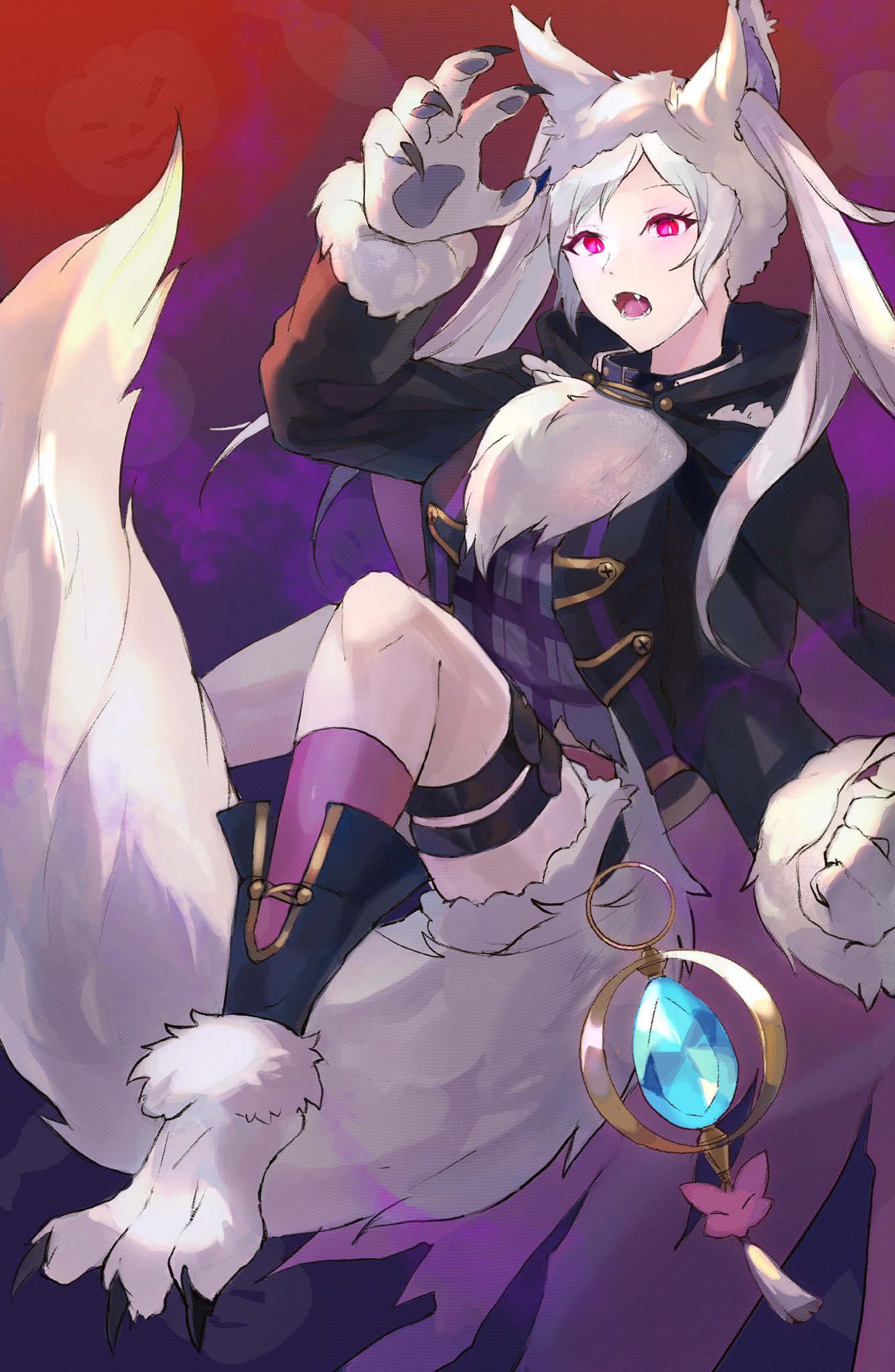 1girl animal_ears fake_animal_ears fire_emblem fire_emblem_awakening fire_emblem_heroes gimkamres04 gloves grima_(fire_emblem) highres long_sleeves open_mouth paw_gloves paws red_eyes robin_(fire_emblem) robin_(fire_emblem)_(female) solo tail twintails white_hair wolf_ears wolf_tail