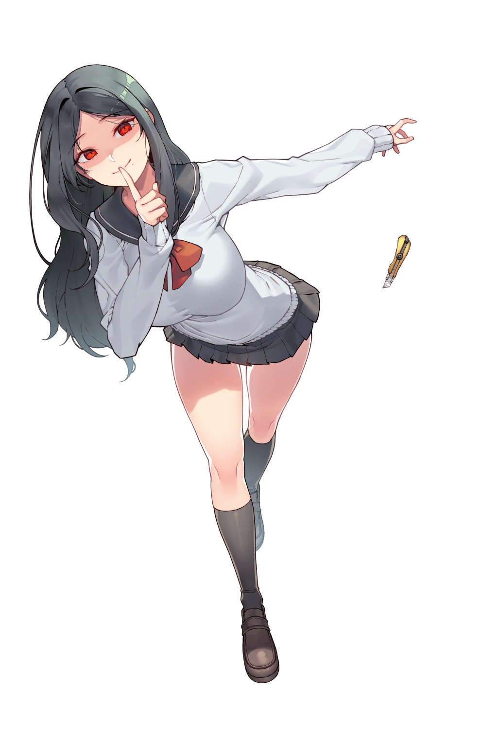 1girl black_hair breasts highres huge_breasts jjune knife long_hair looking_at_viewer original red_eyes school_uniform shirt skirt socks solo white_shirt yandere