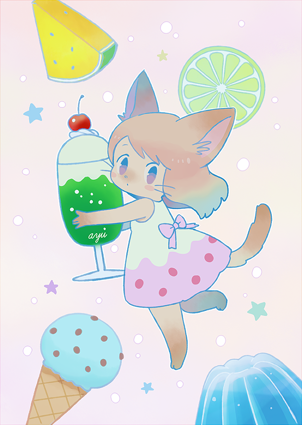 1girl animal_ears ayu_(mog) barefoot bow brown_hair closed_mouth cup dress drinking_glass food full_body furry holding ice_cream ice_cream_cone looking_at_viewer original pink_bow pink_dress pudding signature solo star_(symbol) tail violet_eyes whiskers