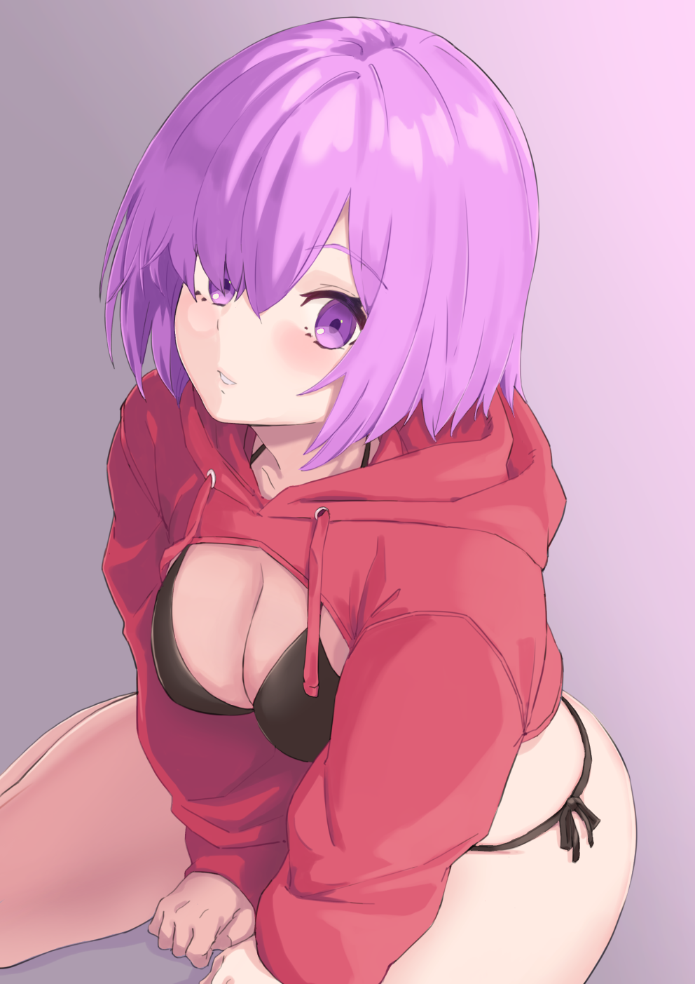 1girl alternate_costume arms_between_legs bikini black_bikini fate/grand_order fate_(series) grey_background hair_over_one_eye highres hood hood_down hoodie hoodie_lift incloud long_sleeves mash_kyrielight purple_hair red_hoodie short_hair side-tie_bikini sitting solo string_bikini swimsuit violet_eyes