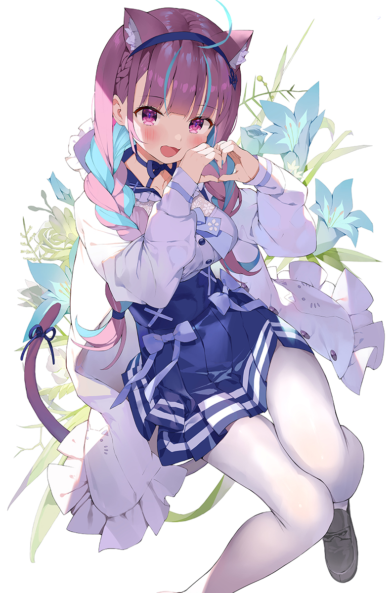 1girl ahoge anchor_print anchor_symbol animal_ears bangs black_footwear blue_hair blue_nails blush bow braid cat_ears cat_tail choker collarbone dress eyebrows_visible_through_hair fingernails gaou_(umaiyo_puyoman) hairband heart heart_hands highres hololive jacket long_sleeves looking_at_viewer minato_aqua multicolored_hair nail_polish open_clothes open_mouth pale_skin pantyhose pleated_skirt purple_hair ribbon shoes short_dress skirt sleeves_past_wrists smile solo tail tied_hair twin_braids twintails violet_eyes virtual_youtuber white_legwear