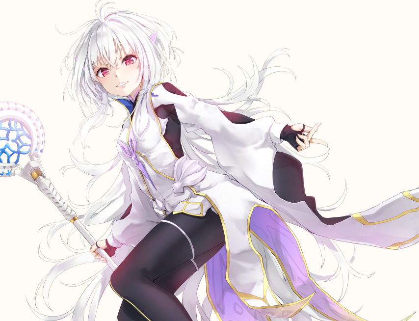 1girl fate/grand_order_arcade fate/prototype fate_(series) funyariko holding holding_staff long_hair looking_at_viewer merlin_(fate/prototype) red_eyes simple_background solo staff white_hair white_robe