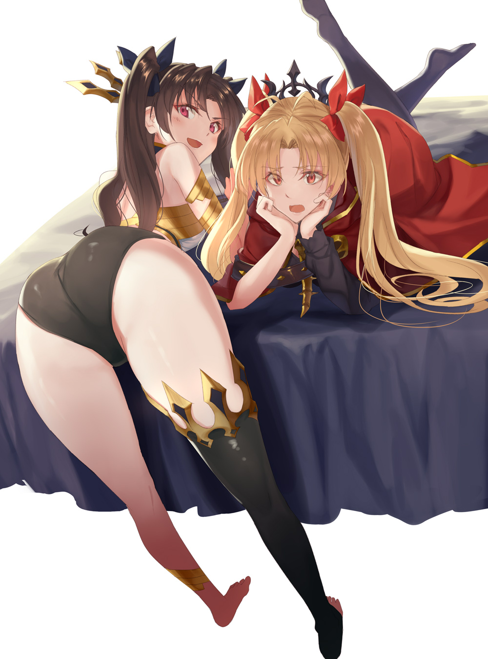 2girls armlet ass asymmetrical_legwear asymmetrical_sleeves bangs bare_shoulders bent_over black_bow black_hair blonde_hair blush bow breasts cape detached_sleeves ereshkigal_(fate/grand_order) fate/grand_order fate_(series) gold_trim hair_bow highres ishtar_(fate)_(all) ishtar_(fate/grand_order) jewelry kabocha_(monkey4) long_hair looking_at_viewer lying multiple_girls on_bed on_stomach open_mouth parted_bangs red_cape red_eyes single_detached_sleeve tiara two_side_up