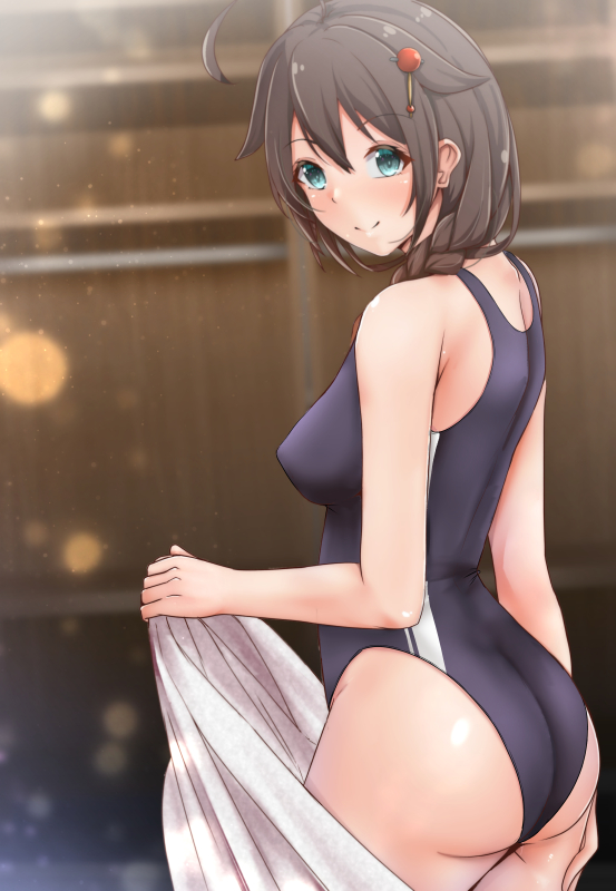 1girl ahoge ass black_hair black_swimsuit blue_eyes blurry braid commentary_request competition_swimsuit cowboy_shot depth_of_field hair_flaps hair_ornament hair_over_shoulder kantai_collection looking_at_viewer one-piece_swimsuit remodel_(kantai_collection) shigure_(kantai_collection) shohei_(piranha5hk) single_braid solo standing swimsuit towel white_towel