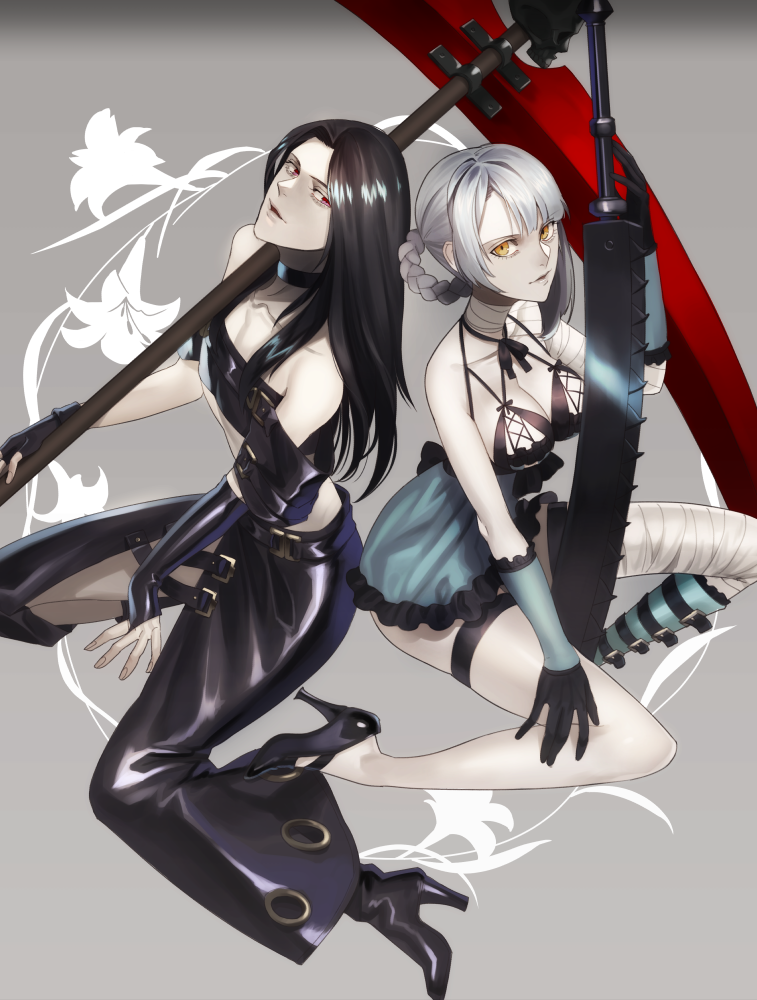 1boy 1girl bandages black_hair fingerless_gloves gloves guilty_gear kaine_(nier) kyo_niku nier nier_(series) red_eyes scythe sword testament_(guilty_gear) weapon white_hair yellow_eyes