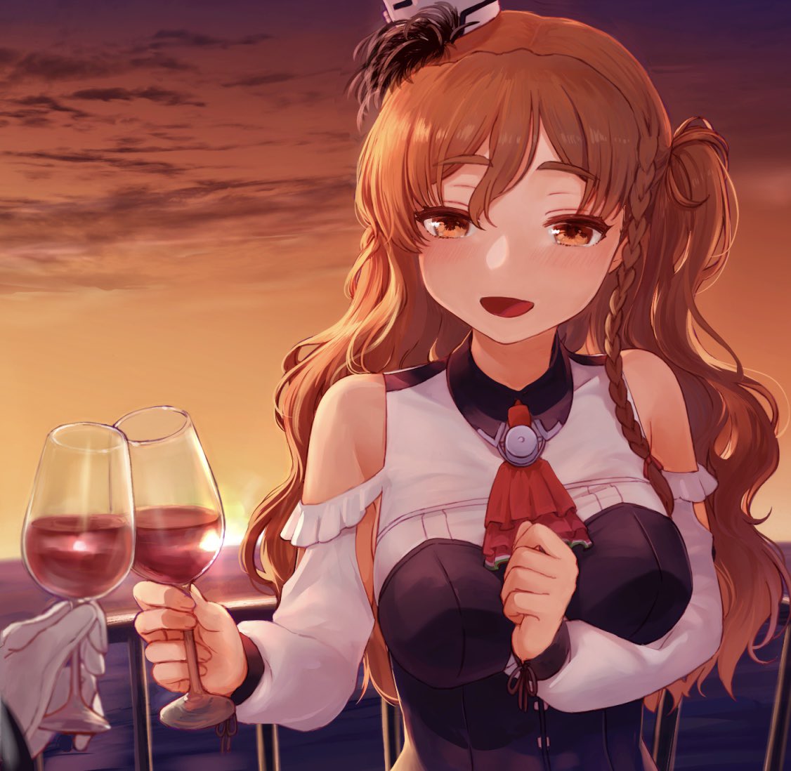 1girl alcohol bangs bare_shoulders braid breasts brown_eyes brown_hair clouds corset cup detached_sleeves drinking_glass eyebrows_visible_through_hair gloves hat holding kantai_collection large_breasts long_hair long_sleeves mini_hat one_side_up open_mouth outdoors red_neckwear remodel_(kantai_collection) side_braid sky solo_focus sunset wavy_hair white_gloves wine wine_glass yoshino_ns zara_(kantai_collection)