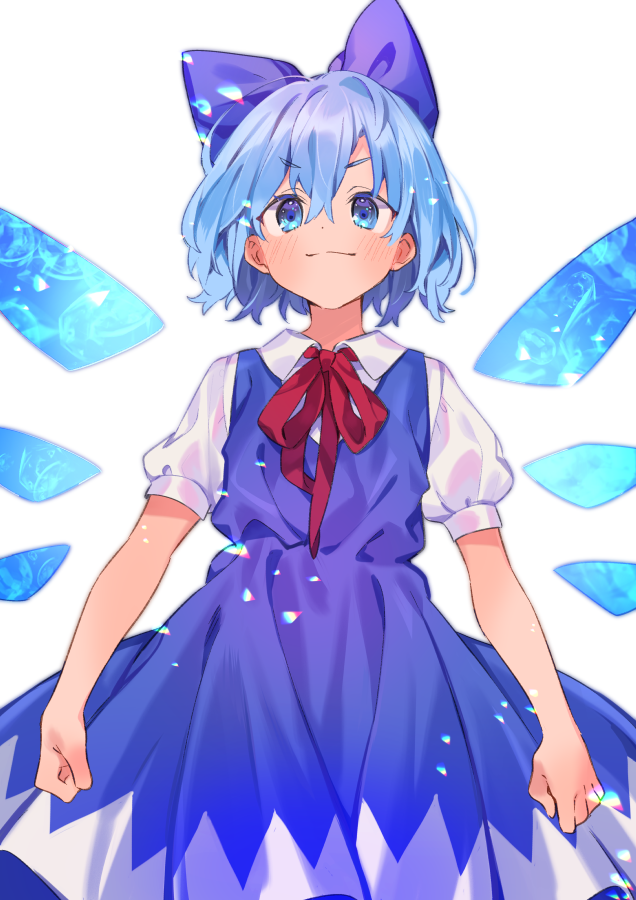 1girl akagashi_hagane blouse blue_bow blue_dress blue_eyes blue_hair blush bow cirno clenched_hands closed_mouth collared_shirt commentary doyagao dress dress_shirt hair_bow ice ice_wings lens_flare neck_ribbon puffy_short_sleeves puffy_sleeves rainbow_gradient red_neckwear red_ribbon ribbon shirt short_hair short_sleeves simple_background smug solo touhou v-shaped_eyebrows white_background white_blouse white_shirt wing_collar wings