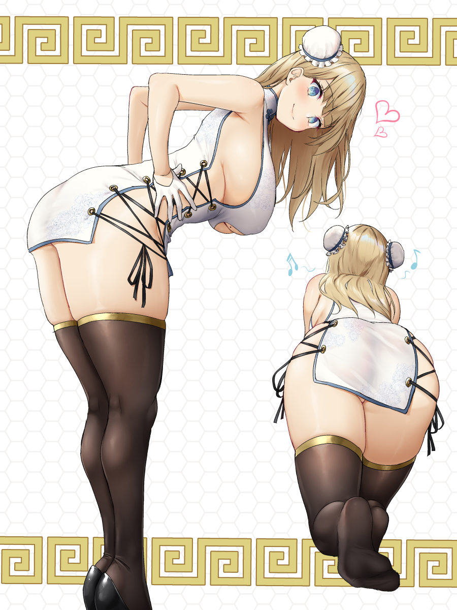 1girl ass bangs bare_shoulders bent_over black_legwear blonde_hair blue_eyes blush breasts bun_cover china_dress chinese_clothes cleavage_cutout closed_mouth clothing_cutout commentary_request cross-laced_clothes double_bun dress from_behind gloves half_gloves highres large_breasts legs long_hair looking_at_viewer mole mole_on_breast multiple_views musical_note no_shoes oekakizuki original pelvic_curtain revealing_clothes side_slit sideboob skindentation smile thigh-highs thighs white_gloves