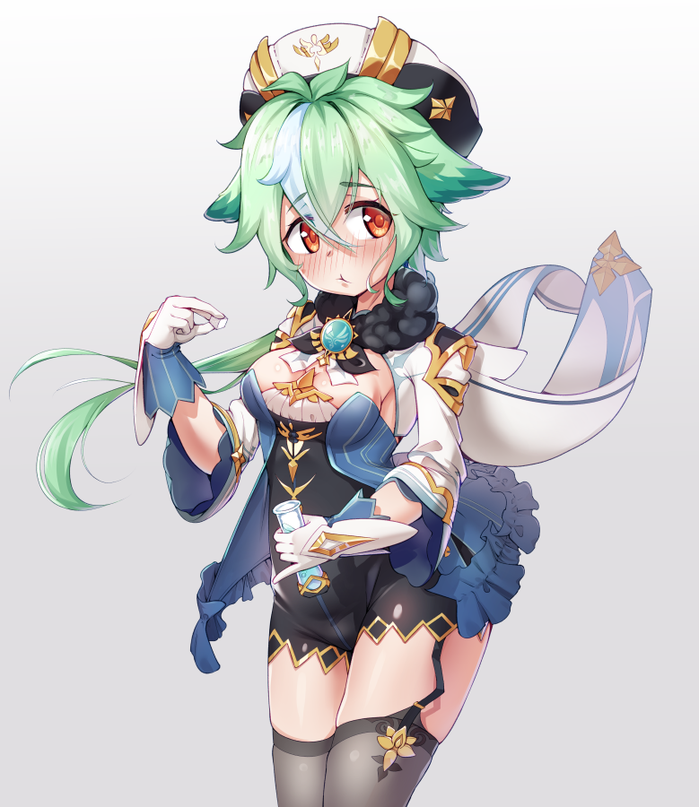 1girl animal_ears black_legwear blush breasts eating genshin_impact green_hair hat junkun long_hair long_sleeves looking_at_viewer orange_eyes simple_background skirt solo sucrose_(genshin_impact) sugar sugar_(food) sugar_cube test_tube thigh-highs white_background