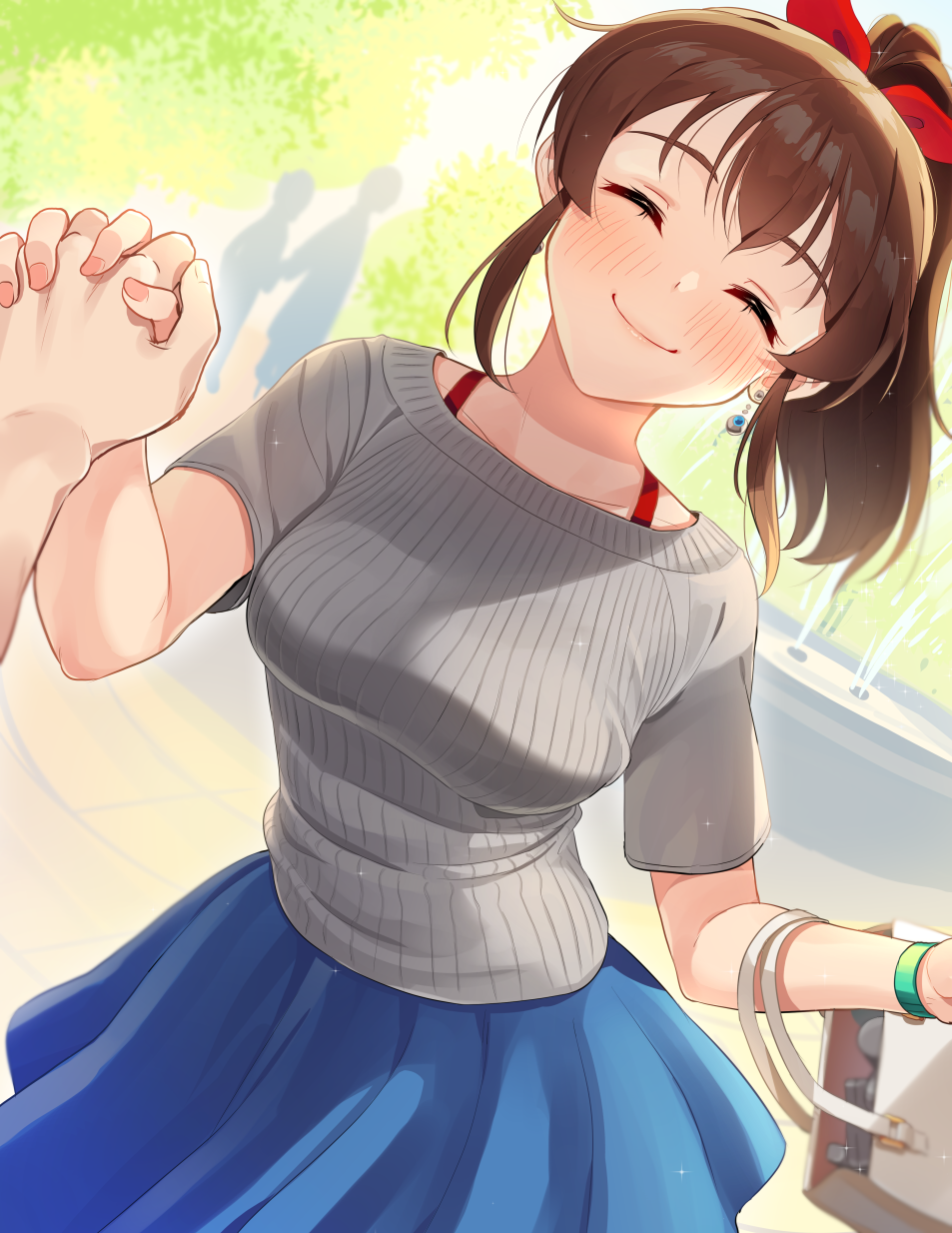 1girl bag bangs blue_skirt blurry blurry_background blush bra_strap bracelet carrying closed_mouth commentary day depth_of_field dutch_angle earrings eyebrows_visible_through_hair facing_viewer grey_shirt hair_ribbon handbag highres holding_hands idolmaster idolmaster_million_live! interlocked_fingers jewelry kamille_(vcx68) medium_hair miniskirt out_of_frame outdoors ponytail pov red_ribbon ribbed_shirt ribbon satake_minako shirt short_sleeves skirt smile sparkle standing t-shirt