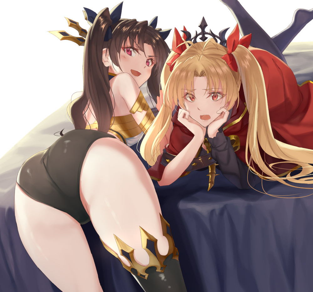2girls armlet ass bangs bare_shoulders black_hair blonde_hair blush bow breasts cape crown ereshkigal_(fate/grand_order) eyebrows_visible_through_hair fate/grand_order fate_(series) hair_bow hair_ribbon ishtar_(fate)_(all) ishtar_(fate/grand_order) jewelry kabocha_(monkey4) long_hair looking_at_viewer lying medium_breasts multiple_girls on_stomach open_mouth parted_bangs red_eyes ribbon single_thighhigh skull smile thigh-highs tiara two_side_up very_long_hair
