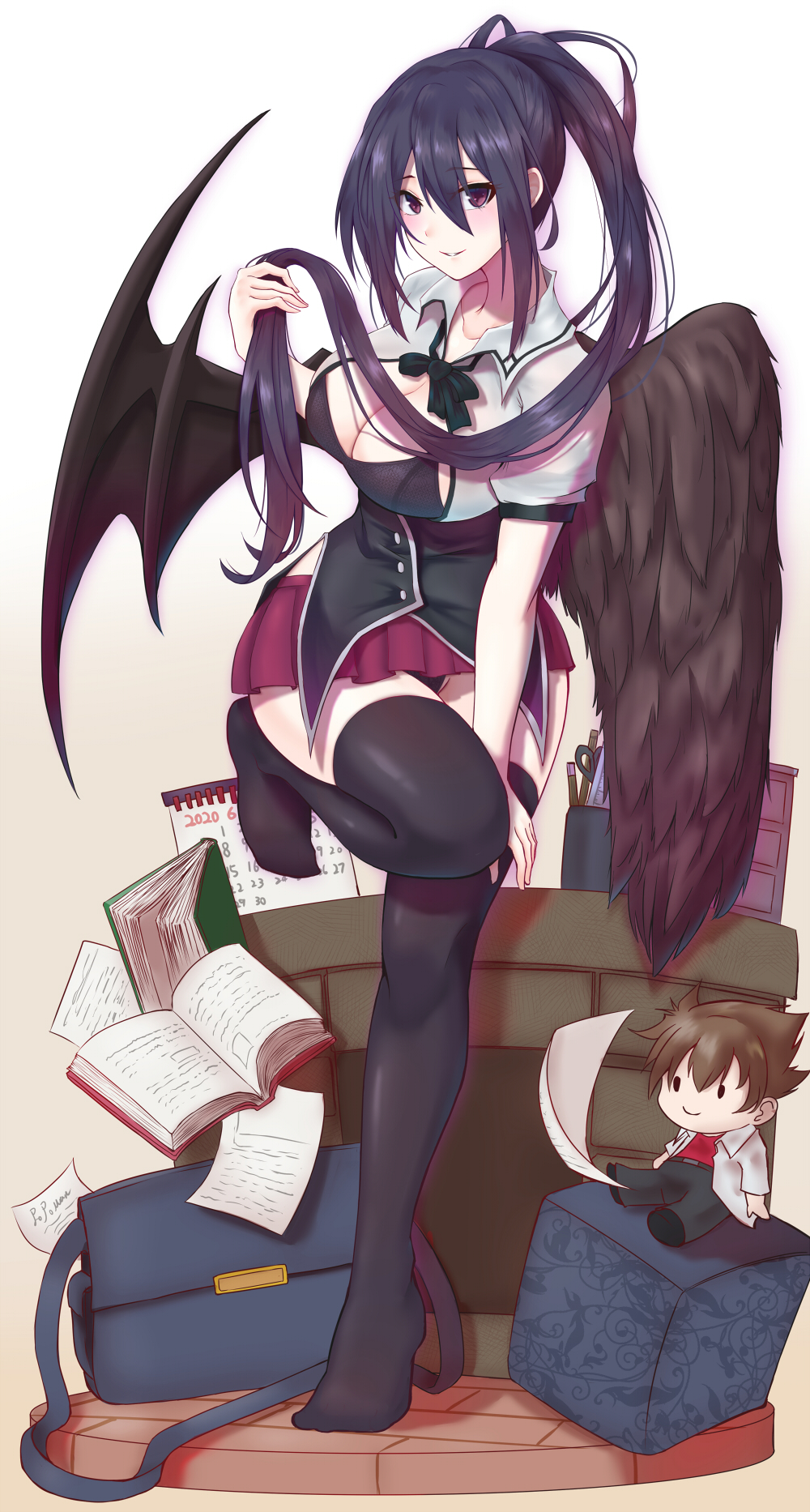 1boy 1girl angel_wings asymmetrical_wings bag black_bra black_hair black_legwear black_panties blush book bow box bra breasts breasts_outside brick_road brick_wall brown_eyes calendar_(object) character_doll chinese_commentary commentary_request demon_wings green_bow grey_background high_school_dxd highres himejima_akeno hyoudou_issei knee_up knees long_hair looking_at_viewer miniskirt no_shoes open_clothes open_shirt paisley panties pao_mian+dan pen ponytail school_bag school_uniform sidelocks skirt smile solo_focus textbook thigh-highs tiptoes underwear very_long_hair wide_hips wings