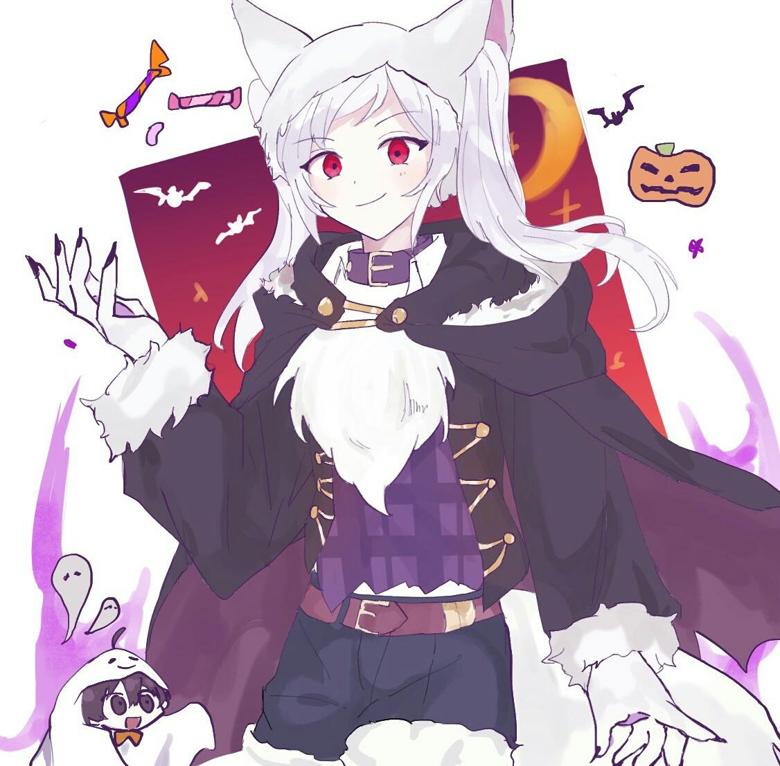 07fera 1girl animal_ears aura belt candy closed_mouth dark_aura fake_animal_ears fire_emblem fire_emblem_awakening fire_emblem_heroes food gloves grima_(fire_emblem) halloween_costume long_hair long_sleeves paw_gloves paws red_eyes robin_(fire_emblem) robin_(fire_emblem)_(female) simple_background smile solo_focus twintails white_background white_hair wolf_ears