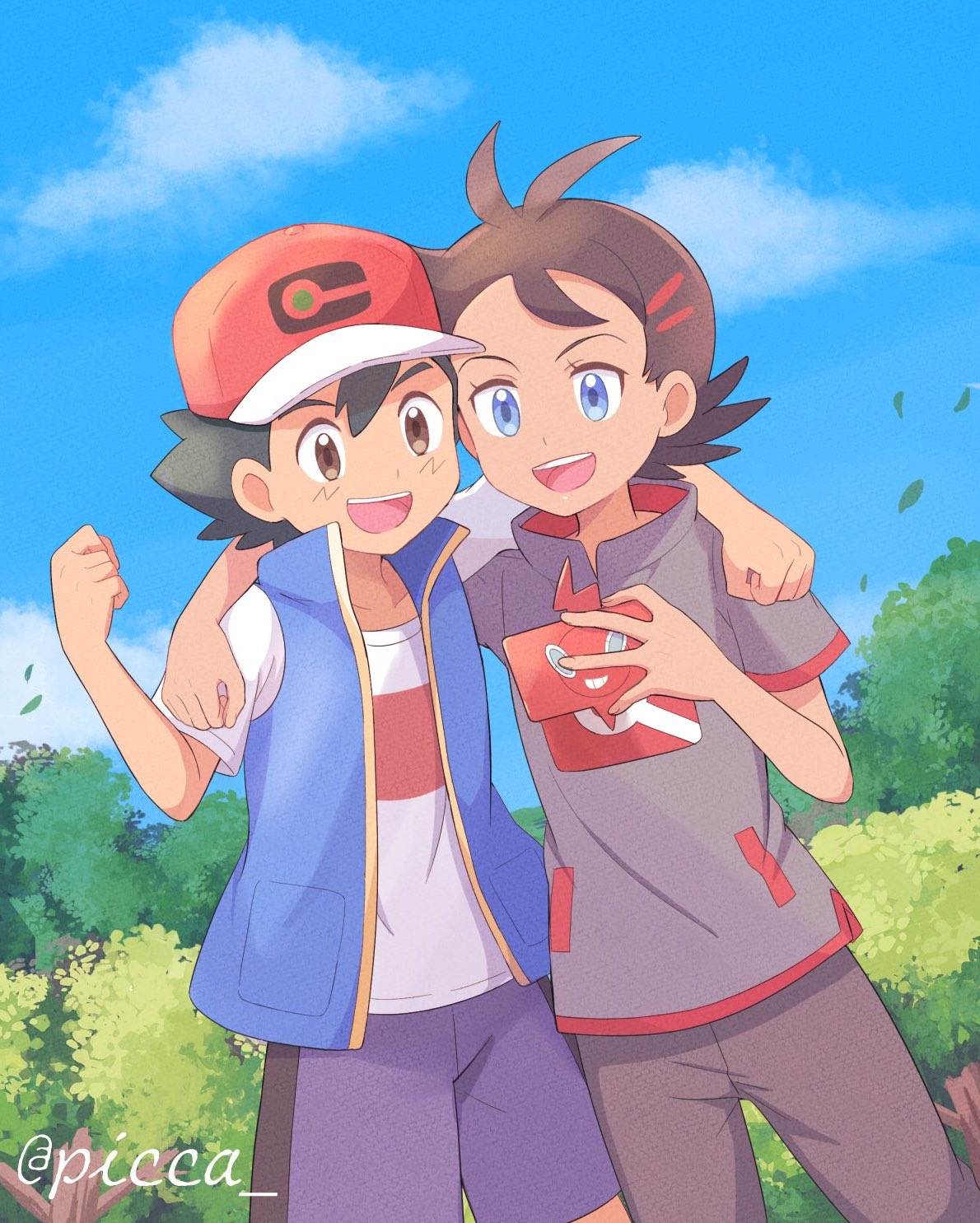 2boys arm_around_shoulder artist_name ash_ketchum baseball_cap black_hair blue_eyes brown_eyes brown_hair clenched_hands clouds commentary_request day gen_4_pokemon goh_(pokemon) hair_ornament hat highres holding jacket leaves_in_wind male_focus mei_(maysroom) multiple_boys open_mouth outdoors pants pokemon pokemon_(anime) pokemon_swsh_(anime) rotom rotom_phone shirt short_sleeves sky smile teeth tongue tree watermark white_shirt