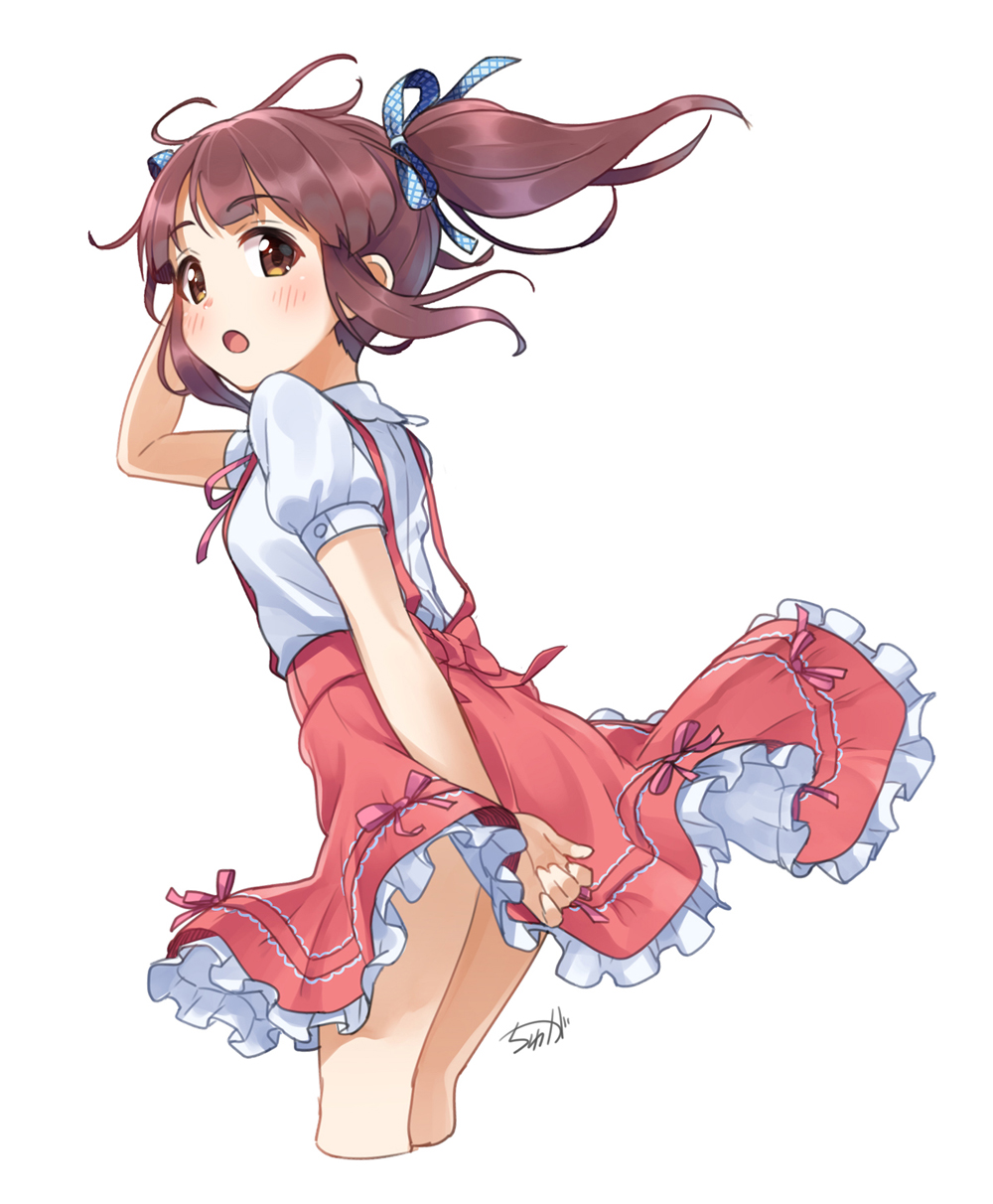 1girl blush brown_eyes dress dress_lift hair_ribbon highres idolmaster idolmaster_cinderella_girls idolmaster_cinderella_girls_starlight_stage looking_at_viewer looking_back ogata_chieri open_mouth pinafore_dress ribbon short_twintails sidelocks skirt skirt_lift solo suspender_skirt suspenders thighs twintails tyuga