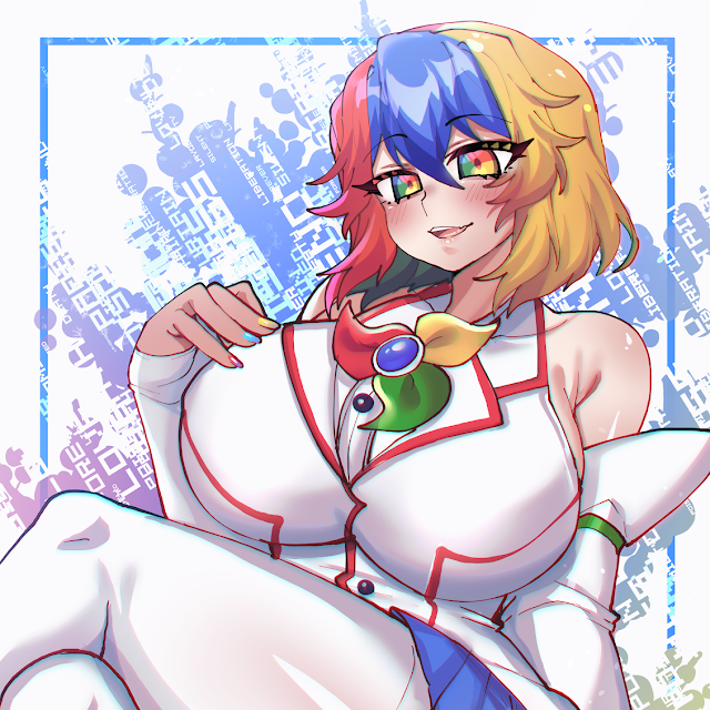 1girl blush breasts google_chrome_(merryweather) large_breasts merryweather multicolored multicolored_eyes multicolored_hair open_mouth osiimi shiny shiny_clothes shiny_hair shiny_legwear shiny_skin smile thick_thighs thigh-highs thighs tight