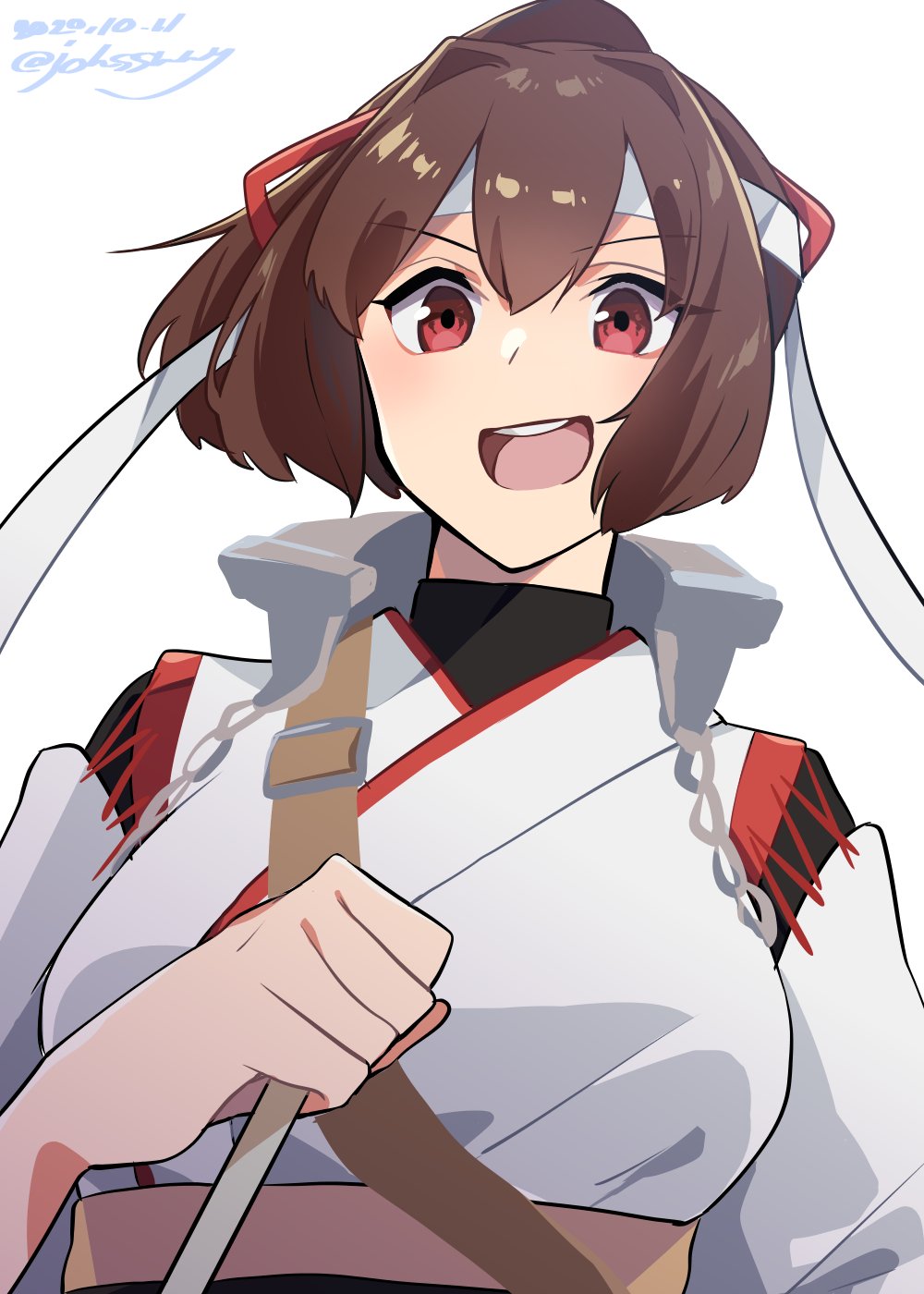 1girl black_shirt brown_eyes brown_hair hair_ribbon headband highres ise_(kantai_collection) johssnny kantai_collection open_mouth ponytail remodel_(kantai_collection) ribbon round_teeth shirt short_hair simple_background smile solo teeth twitter_username undershirt upper_teeth white_background white_headband