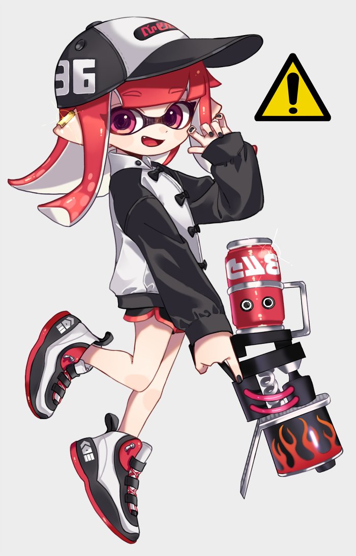 1girl bangs baseball_cap black_headwear black_jacket black_nails black_shorts blaster_(splatoon) blunt_bangs commentary dolphin_shorts domino_mask ear_clip eyebrows_visible_through_hair fang floating from_side grey_background hat holding holding_weapon inkling jacket long_hair long_sleeves looking_at_viewer maco_spl mask nail_polish no_legwear open_mouth pointy_ears print_headwear raglan_sleeves red_eyes redhead shoes short_shorts shorts sign simple_background smile sneakers solo sparkle splatoon_(series) splatoon_2 tentacle_hair warning_sign waving weapon white_footwear