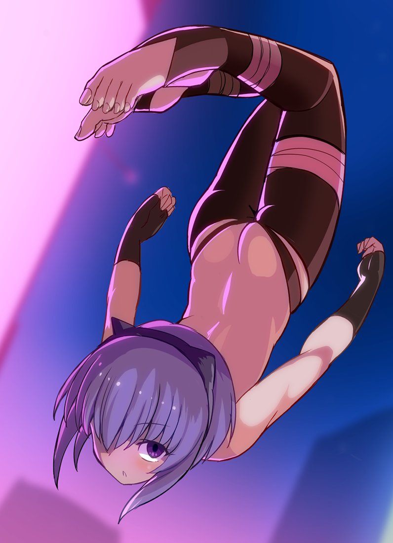 1girl ass back backless_outfit bare_back black_hairband black_leotard butt_crack dark_skin fate/grand_order fate/prototype fate/prototype:_fragments_of_blue_and_silver fate_(series) from_behind hair_over_one_eye hairband hasai_(mekkan) hassan_of_serenity_(fate) leggings leotard purple_hair solo violet_eyes