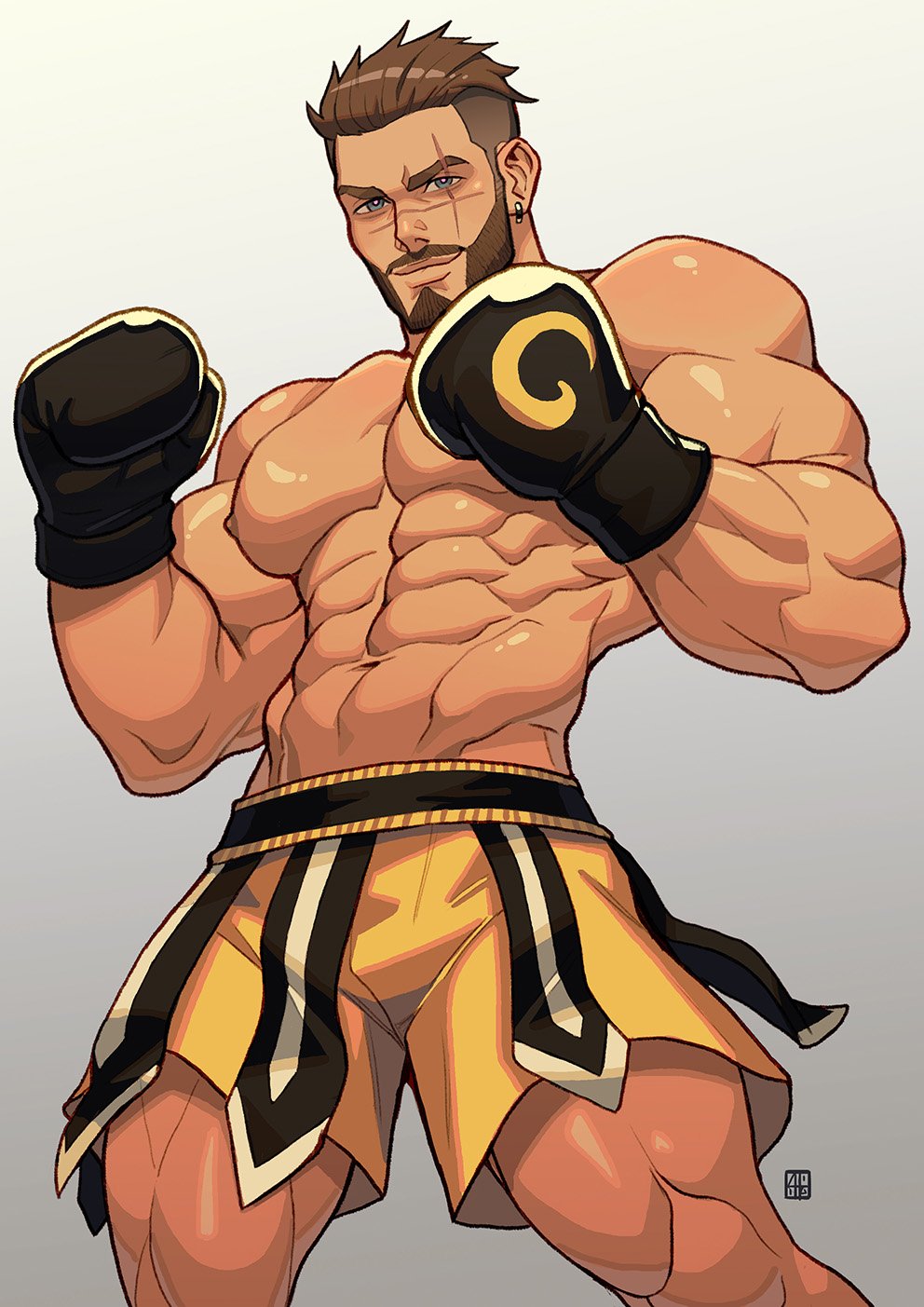 1boy abs alejandro_tio bara bare_chest beard blue_eyes borrowed_character boxing_gloves boxing_shorts brown_hair bulge chest commission cowboy_shot facial_hair facial_scar gradient gradient_background highres male_focus manly muscle navel nipples original scar short_hair shorts smile solo thighs