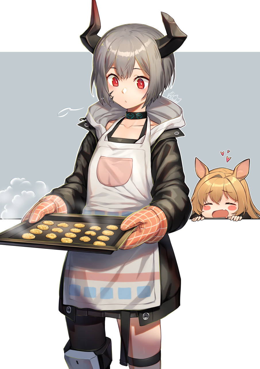 2girls :&lt; animal_ears apron arknights artist_name bangs black_camisole black_jacket blush blush_stickers broken_horn brown_hair camisole ceobe_(arknights) choker closed_eyes commentary cookie dog_ears dog_girl fang food grey_hair hair_between_eyes heart highres holding holding_tray hood hood_down hoodie horns jacket long_hair long_sleeves looking_at_object mitake_eil multiple_girls open_mouth oripathy_lesion_(arknights) oven_mitts peeking prosthesis prosthetic_leg red_eyes saliva short_hair signature steam thigh_strap tray vulcan_(arknights)
