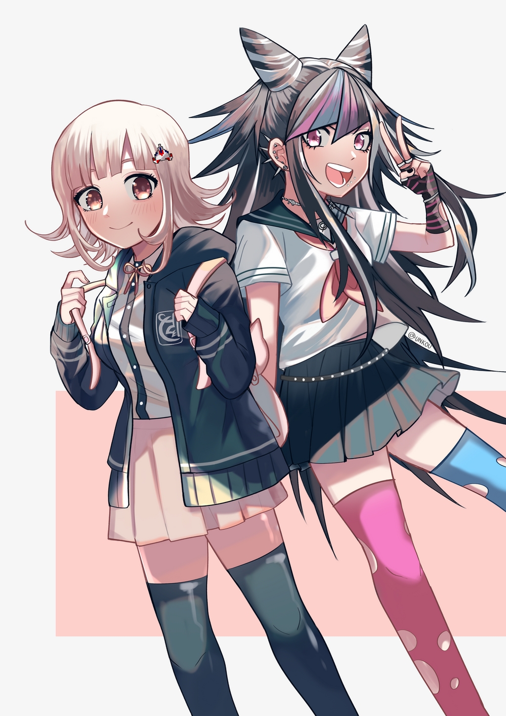 2girls backpack bag black_hair black_legwear blue_hair breasts cat_bag closed_mouth dangan_ronpa flipped_hair hair_ornament hairclip highres hood hooded_jacket jacket jewelry large_breasts long_hair mioda_ibuki mismatched_legwear multicolored_hair multiple_girls nanami_chiaki necklace one_eye_closed piercing pink_eyes pink_hair scar school_uniform serafuku simple_background smile stitches super_dangan_ronpa_2 tattoo thigh-highs torn_clothes torn_legwear unkou white_hair