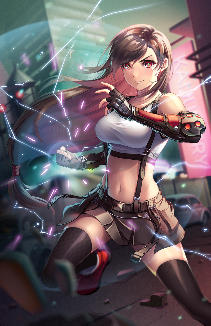 &gt;:) 1girl artist_name aura bangs black_legwear black_skirt blurry breasts brown_hair building car clenched_hand crop_top debris depth_of_field elbow_gloves final_fantasy final_fantasy_vii final_fantasy_vii_remake fingerless_gloves gloves ground_vehicle kaijuicery light long_hair looking_at_viewer low-tied_long_hair midriff motor_vehicle navel outdoors red_eyes red_footwear shirt shoes skirt smile solo suspenders thigh-highs tifa_lockhart twitter_username white_shirt zettai_ryouiki